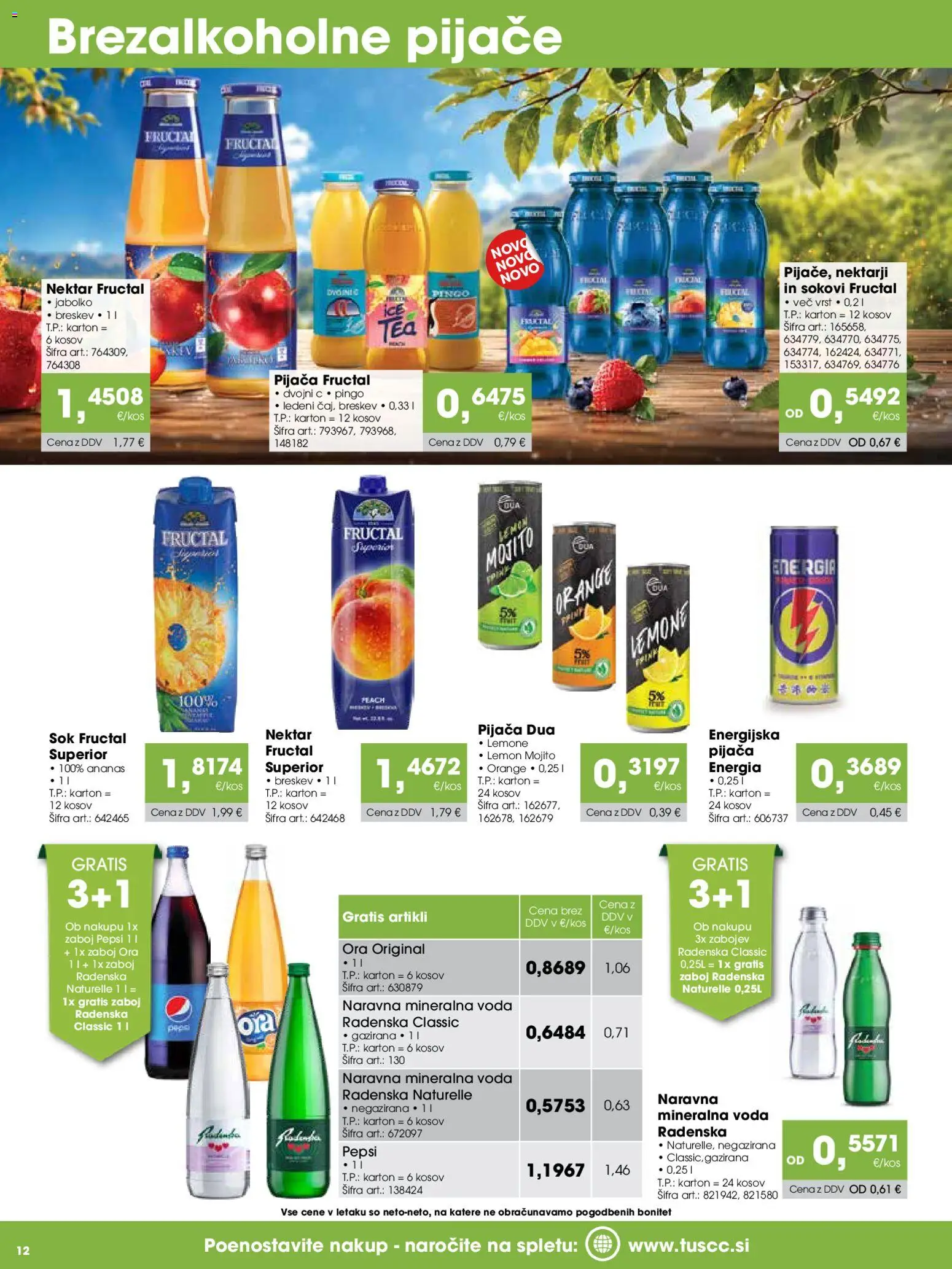 Novi Tuš katalog ponudbe – veljaven od 15.07.2026 | Stran: 12 | Izdelki: Mineralna voda, Sok, Zaboj, Voda