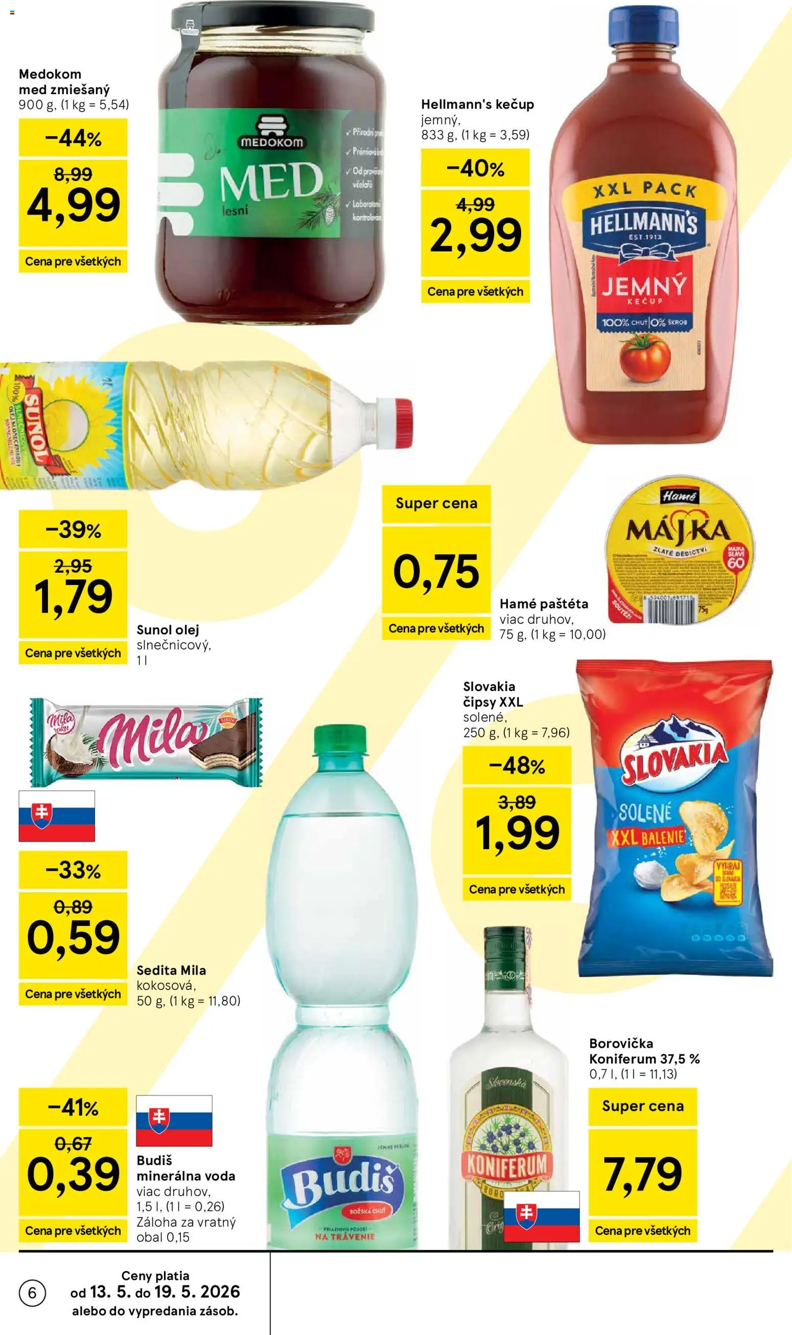 Nové Tesco akcie – leták je platný od 13.05.2026 | Strana: 6 | Produkty: Olej, Borovička, Koniferum, Budiš