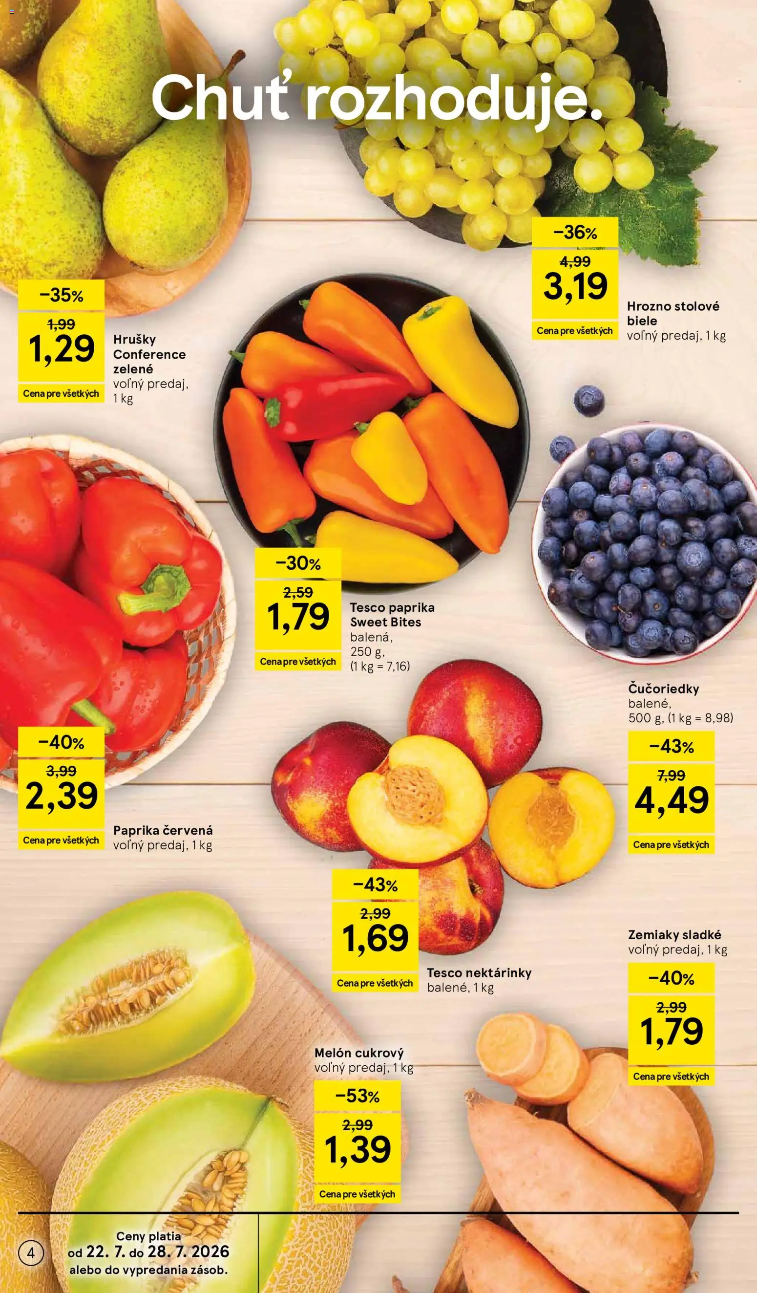 Nové Tesco akcie – leták je platný od 22.07.2026 | Strana: 4 | Produkty: Nektárinky, Čučoriedky, Zemiaky, Melón