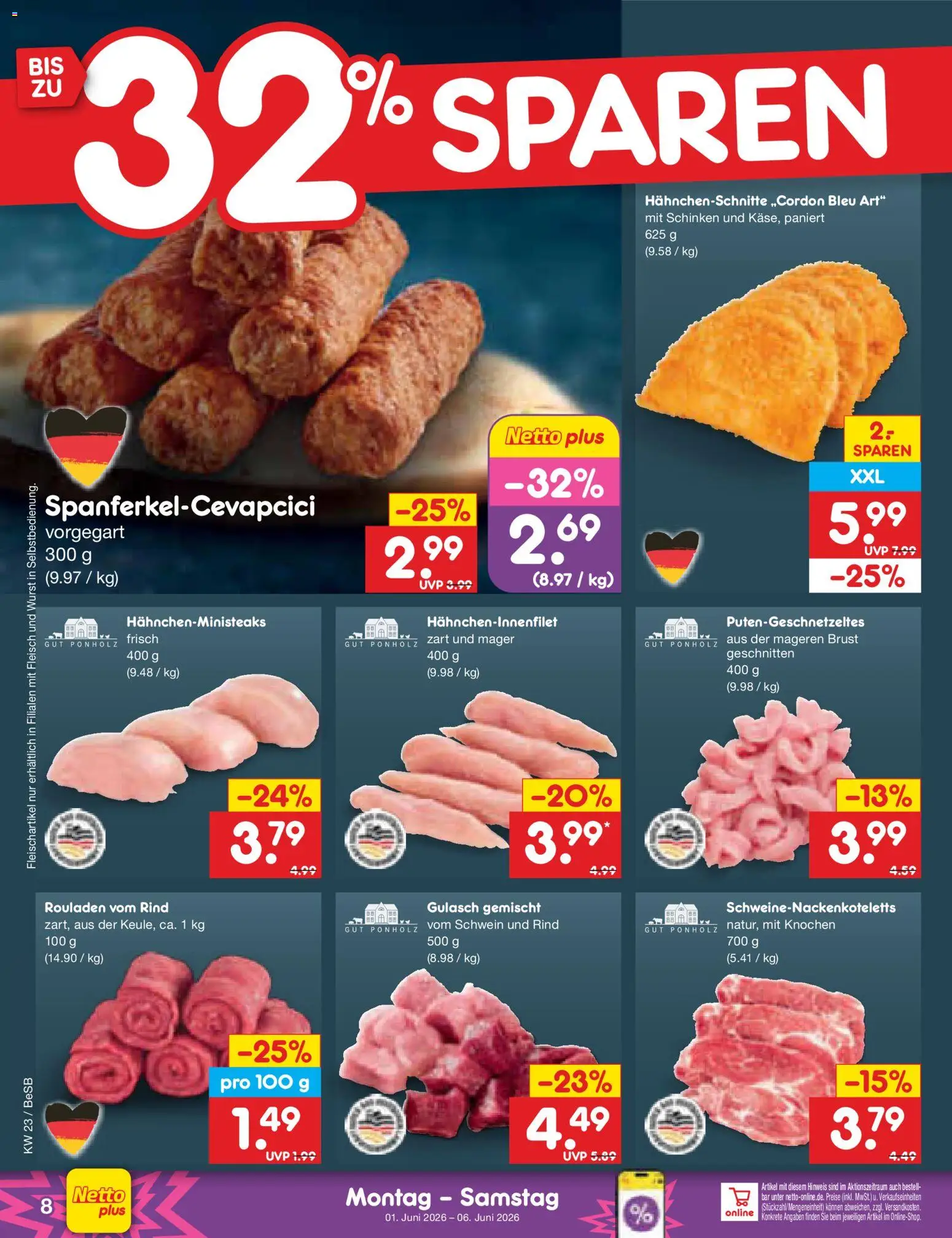 Netto Marken-Discount Prospekt – gültig ab 01.06.2026 | Seite: 8 | Produkte: Gulasch, Wurst, Schinken, Fleisch