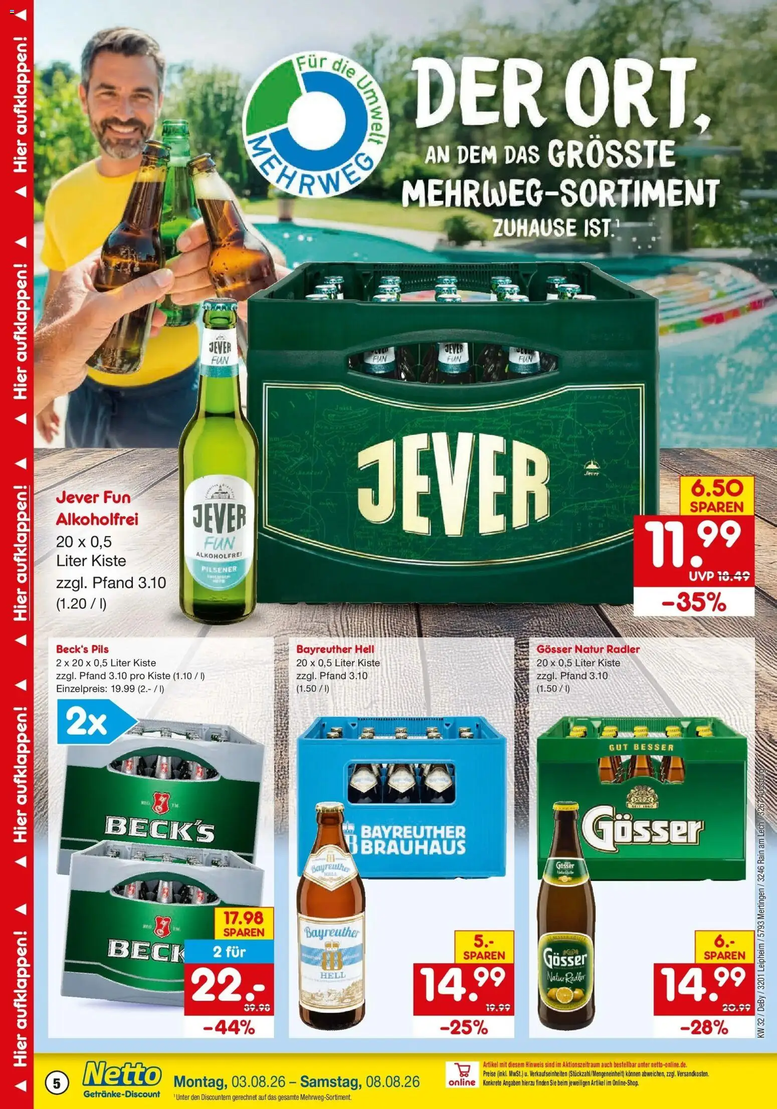 Netto Marken-Discount Prospekt Leipheim – gültig ab 03.08.2026 | Seite: 5 | Produkte: Bayreuther hell, Pils, Radler, Jever