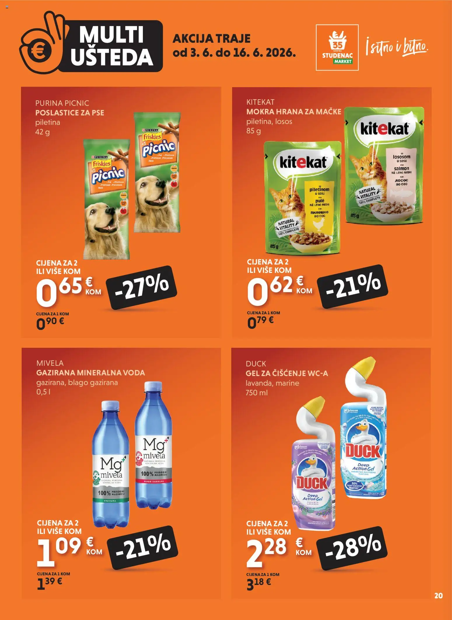 Studenac katalog | vrijedi od 03.06.2026 | Stranica: 20 | Proizvodi: Mineralna voda, Gazirana mineralna voda, Piletina, Hrana za mačke