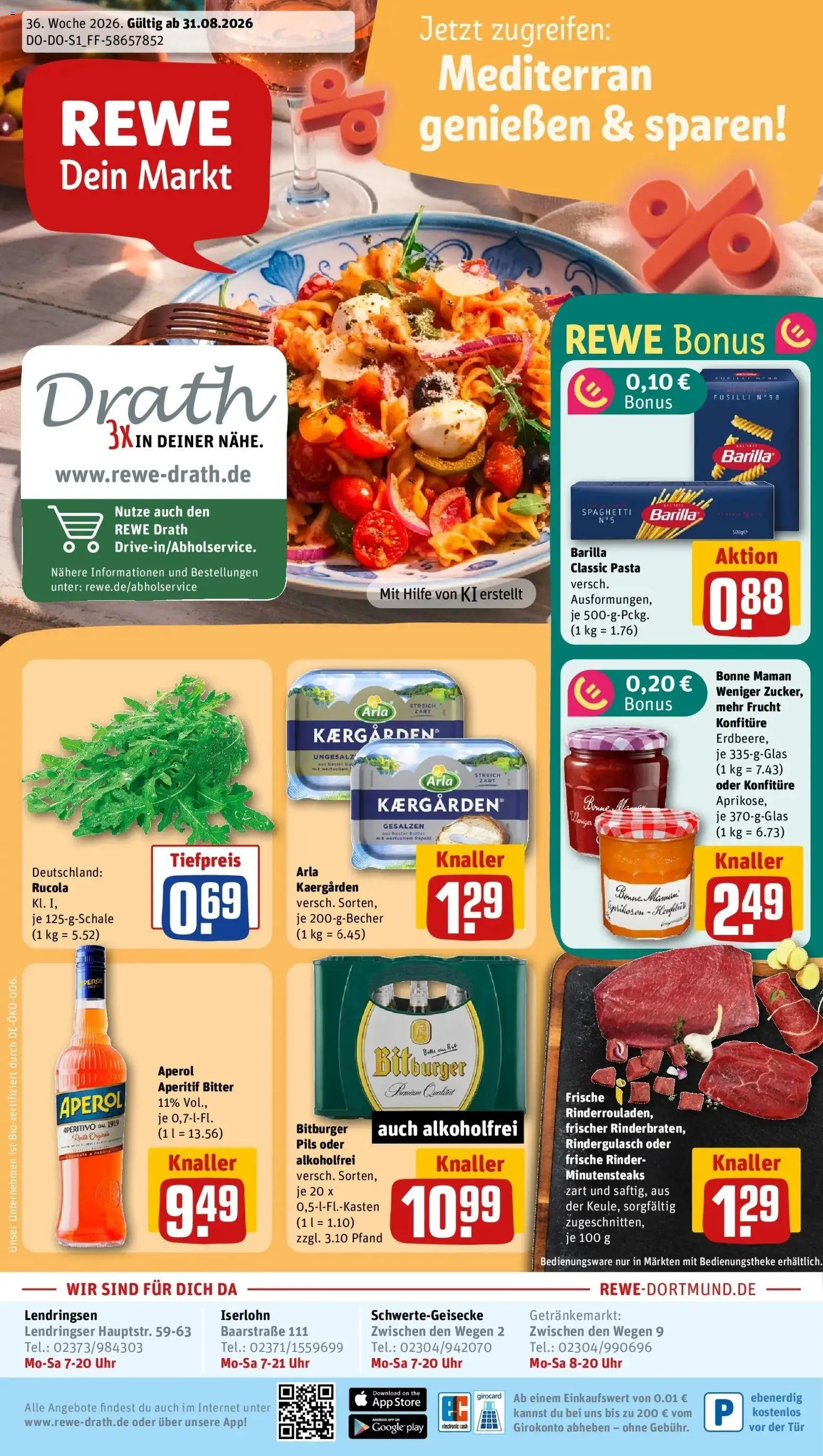 REWE Prospekt ab 31.08.2026 zum Blättern » Angebote | Seite: 1 | Produkte: Bitburger, Rindergulasch, Butter, Spaghetti