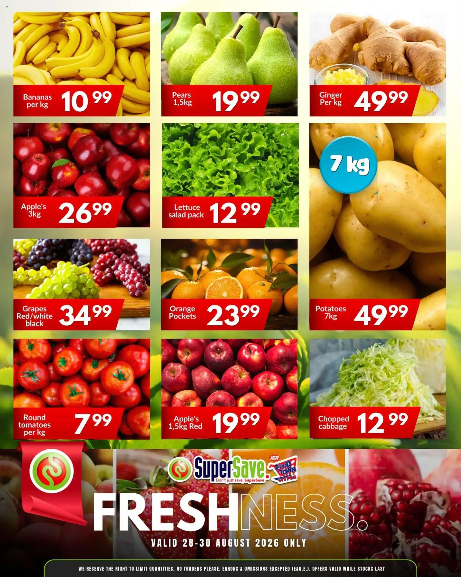 New Super Save catalogue – valid from 28/08/2026 | Page: 4 | Products: Bananas, Potatoes, Lettuce, Grapes