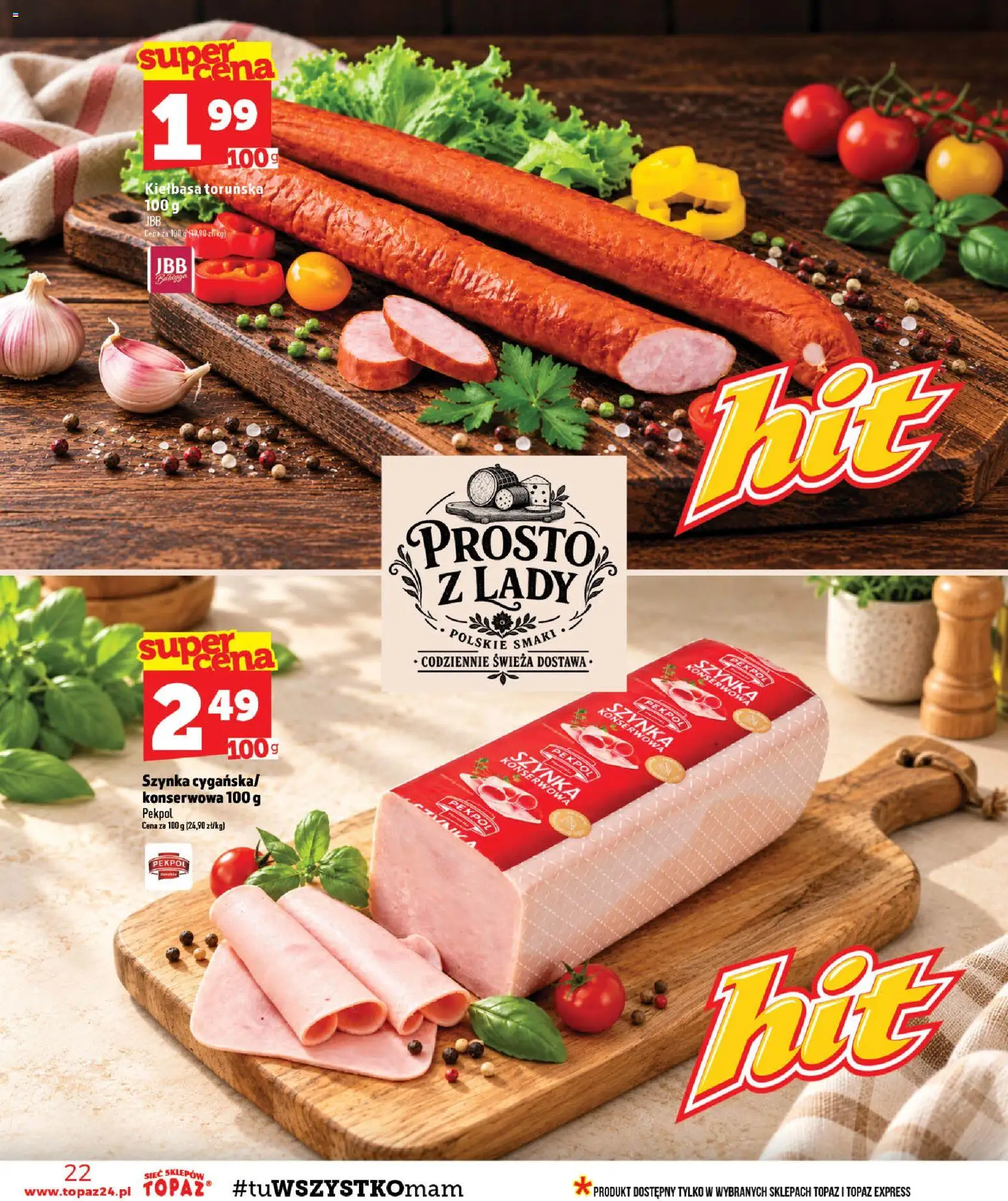 Topaz gazetka - MAZ od 29.10.2026 | Strona: 22 | Produkty: Kiełbasa, Kiełbasa toruńska, Szynka konserwowa, Szynka