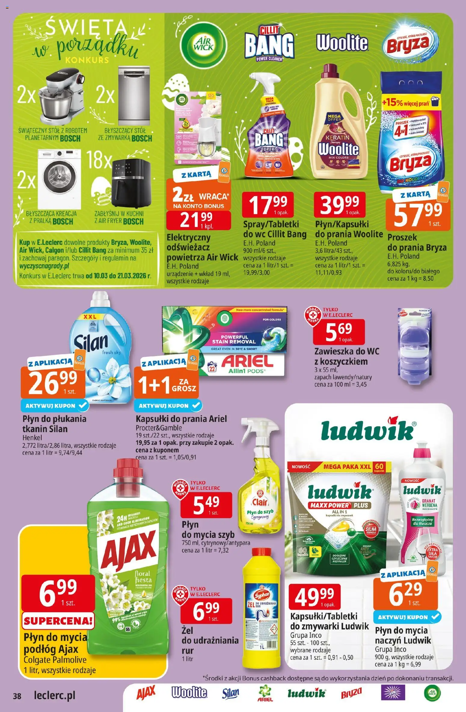 E.Leclerc gazetka - Wrocław od 10.03.2026 | Strona: 38 | Produkty: Odświeżacz, Calgon, Płyn do mycia podłóg, Cleaner
