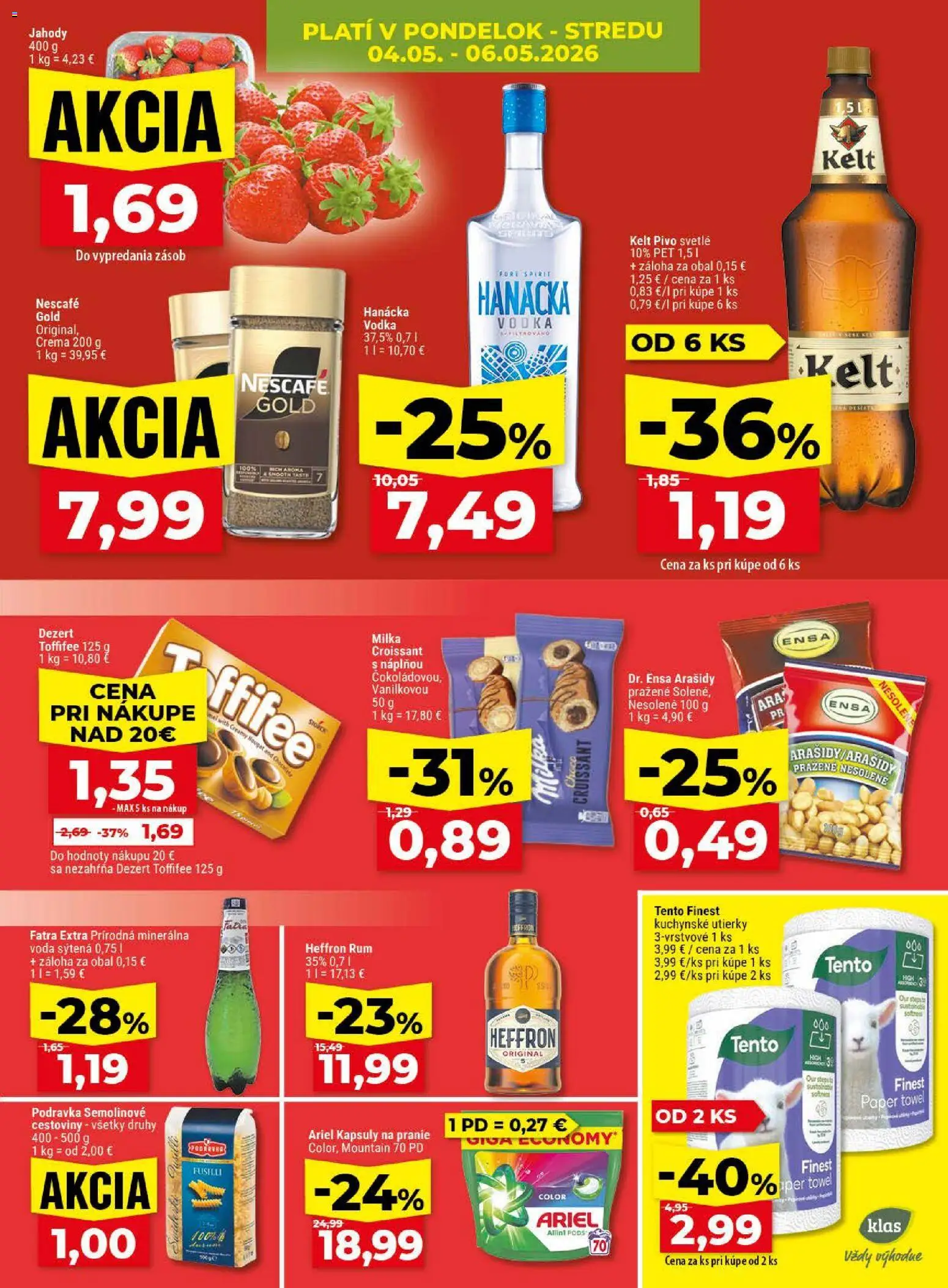 Nové Klas akcie – leták je platný od 04.05.2026 | Strana: 5 | Produkty: Pivo, Fusilli, Croissant, Ariel