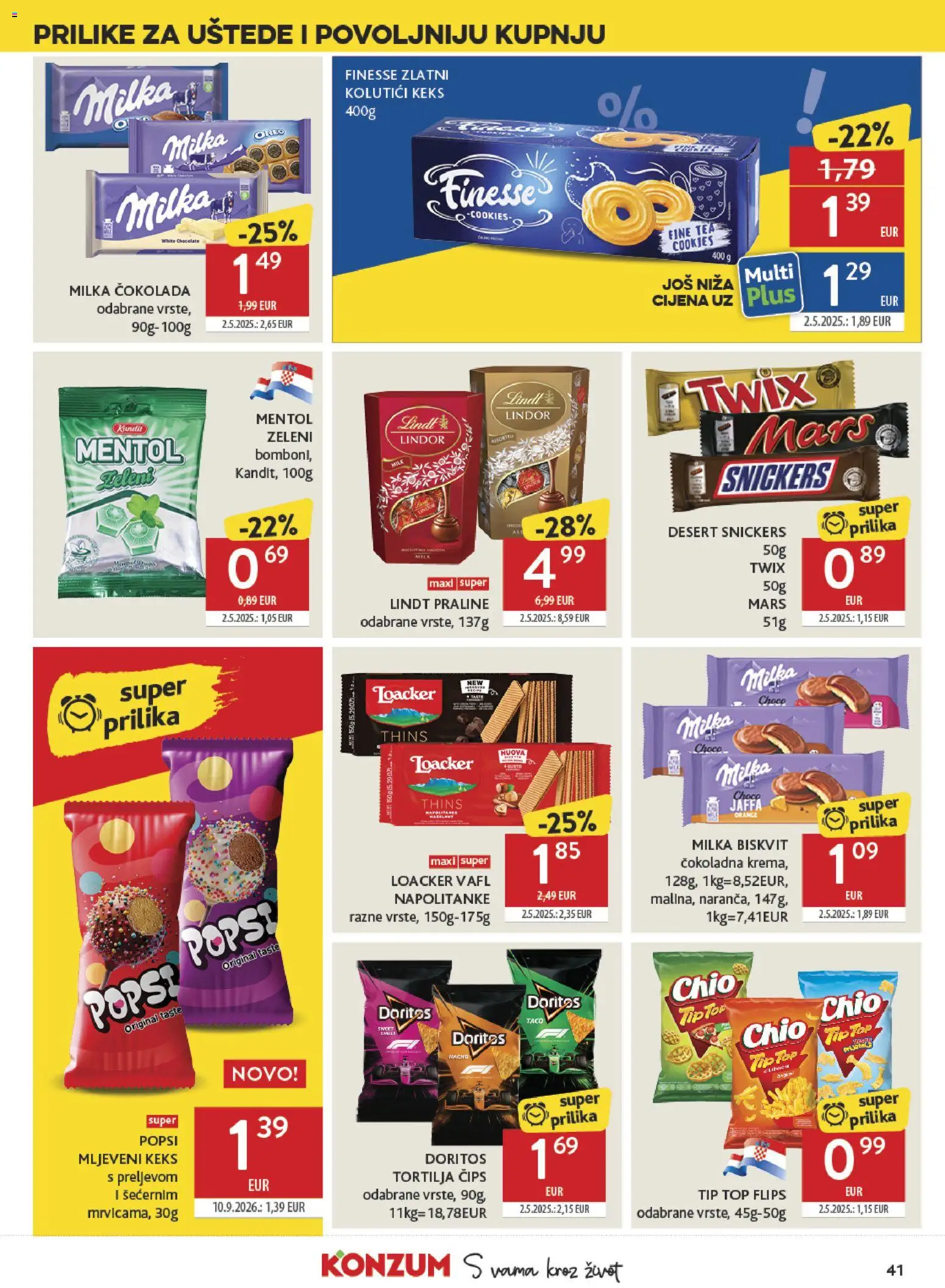 Konzum HR akciós ujság - amely érvényes a következő dátumtól: 2026.09.23. | Oldal: 41 | Termékek: Chio, Lindor, Praliné, Snickers