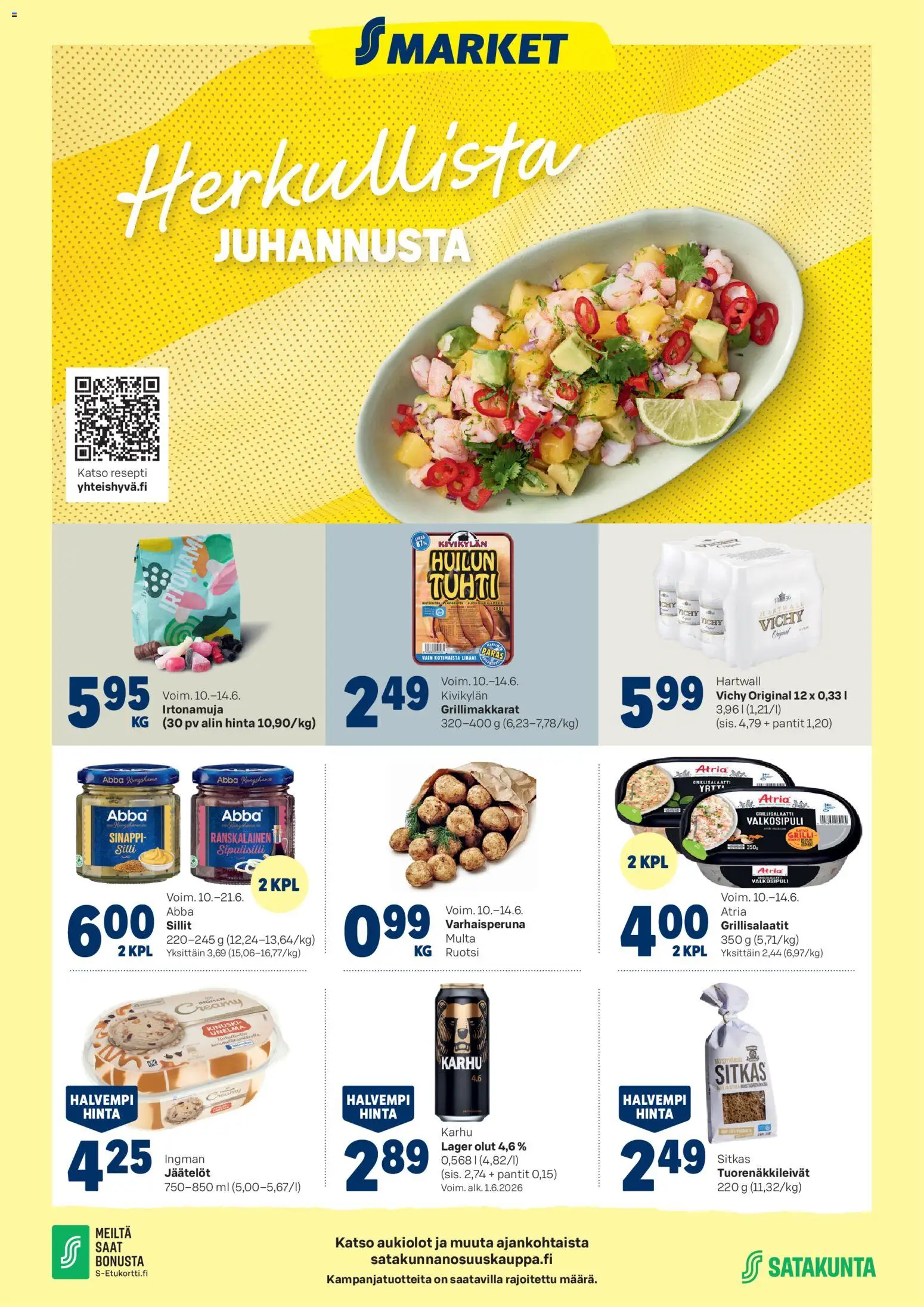 S-market tarjoukset - Herkullista juhannusta – voimassa 10.06.2026 alkaen | Sivu: 1 | Tuotteet: Valkosipuli, Silli, Sinappi, Grillimakkara