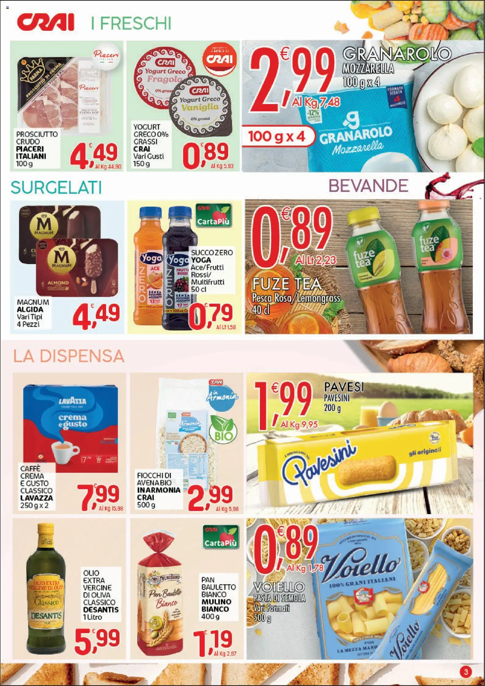 Volantino CRAI del 28.05.2026 | Pagina: 3 | Prodotti: Prosciutto Crudo, Pasta, Pesca, Lavazza
