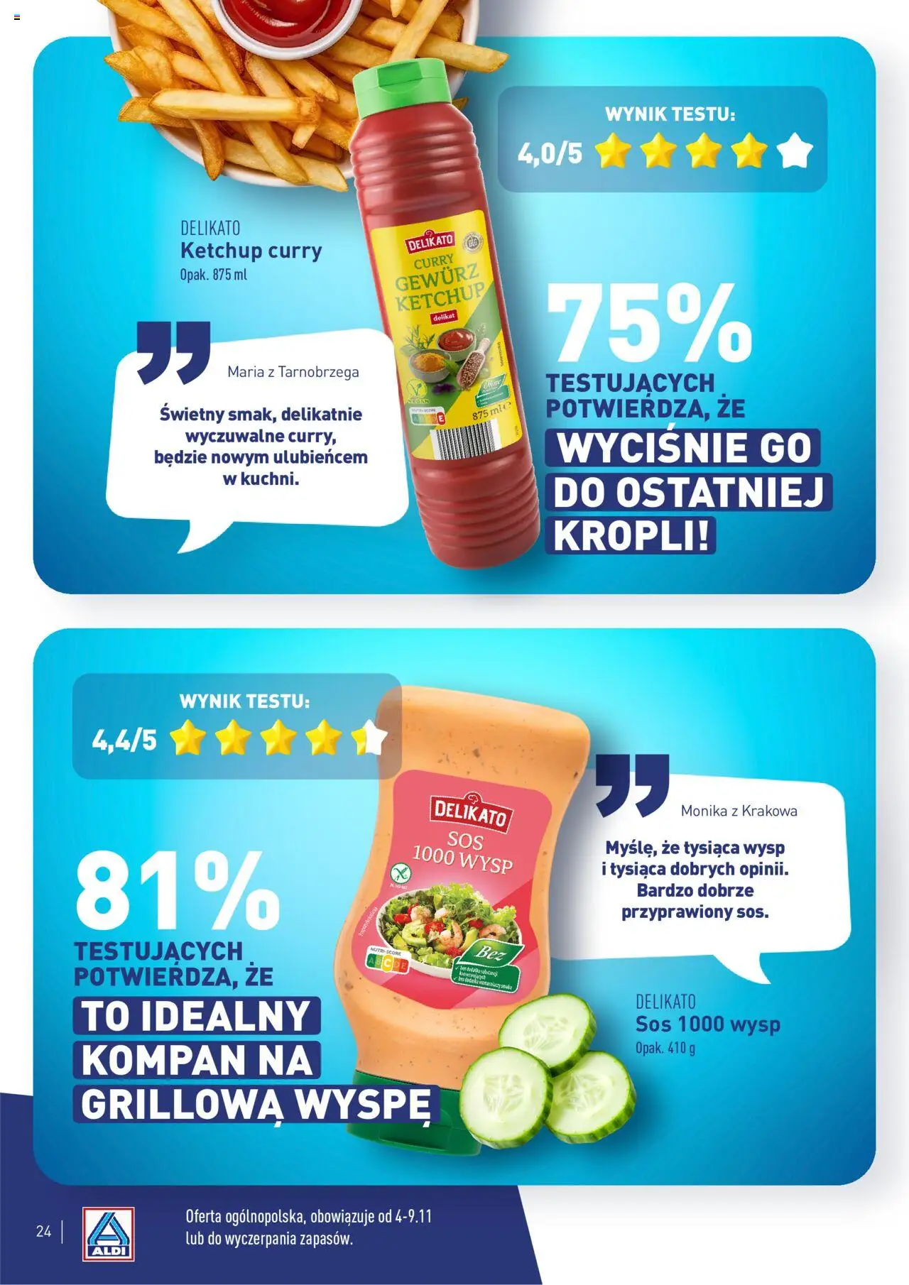 Aldi Gazetka - Wielki test od 04.11.2024 | Strona: 24 | Produkty: Ketchup curry, Curry, Sos 1000 Wysp, Sos