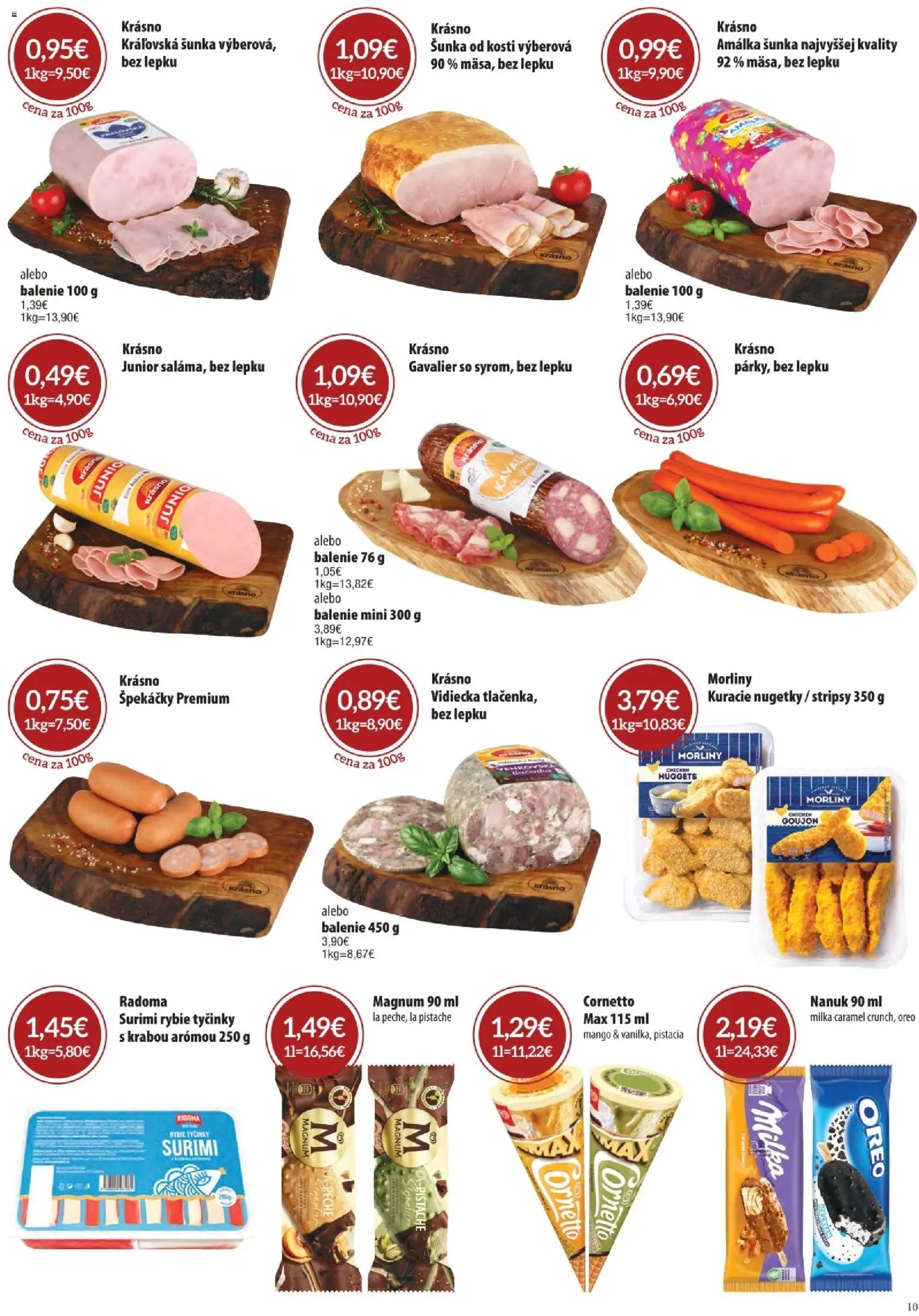 Nové CBA Komfos akcie – leták je platný od 07.05.2026 | Strana: 10 | Produkty: Šunka, Nanuk, Magnum, Milka