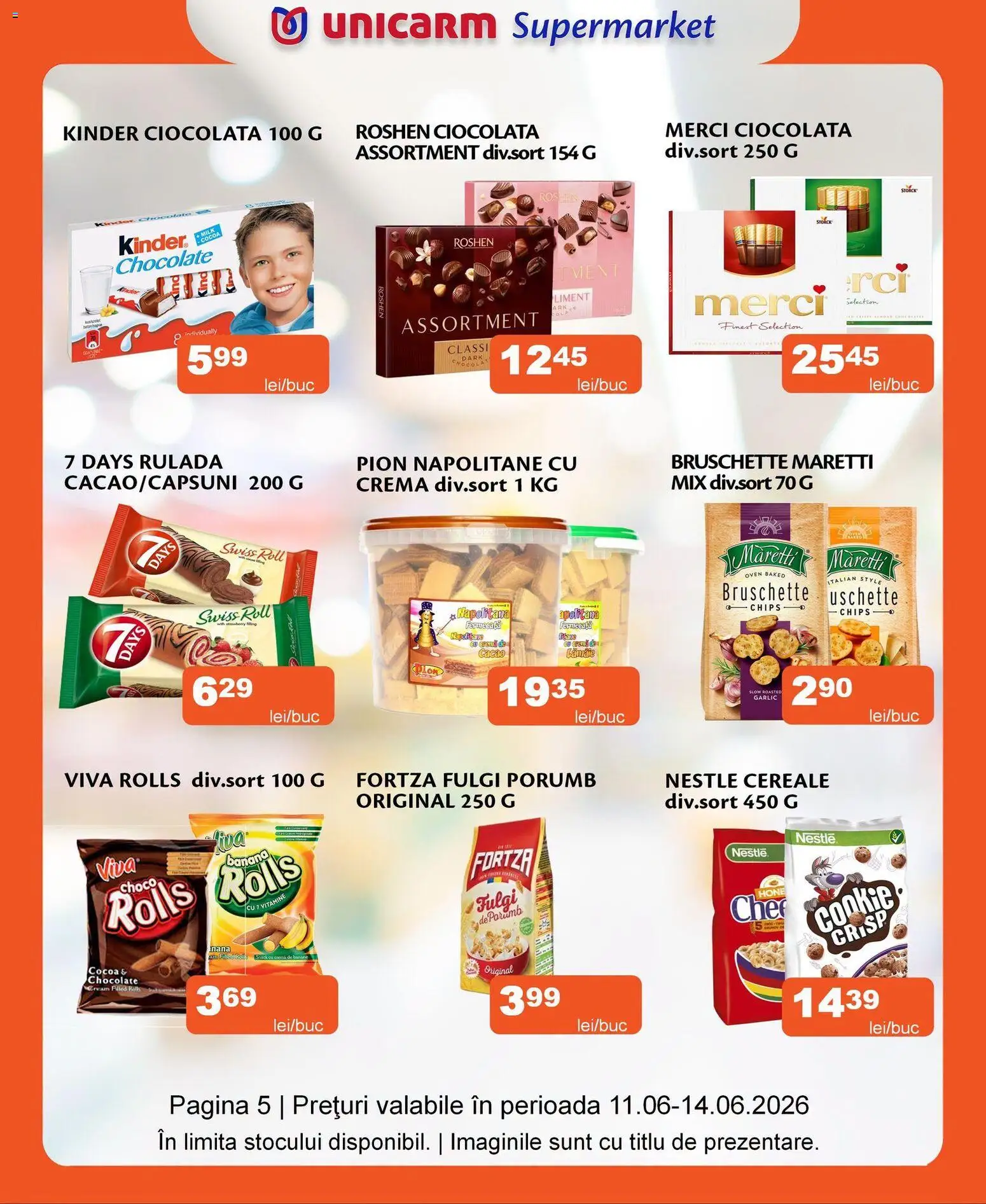Noul catalog Unicarm – valabil de la 11.06.2026 | Pagină: 5 | Produse: Napolitane, Ciocolată, Cereale, Porumb