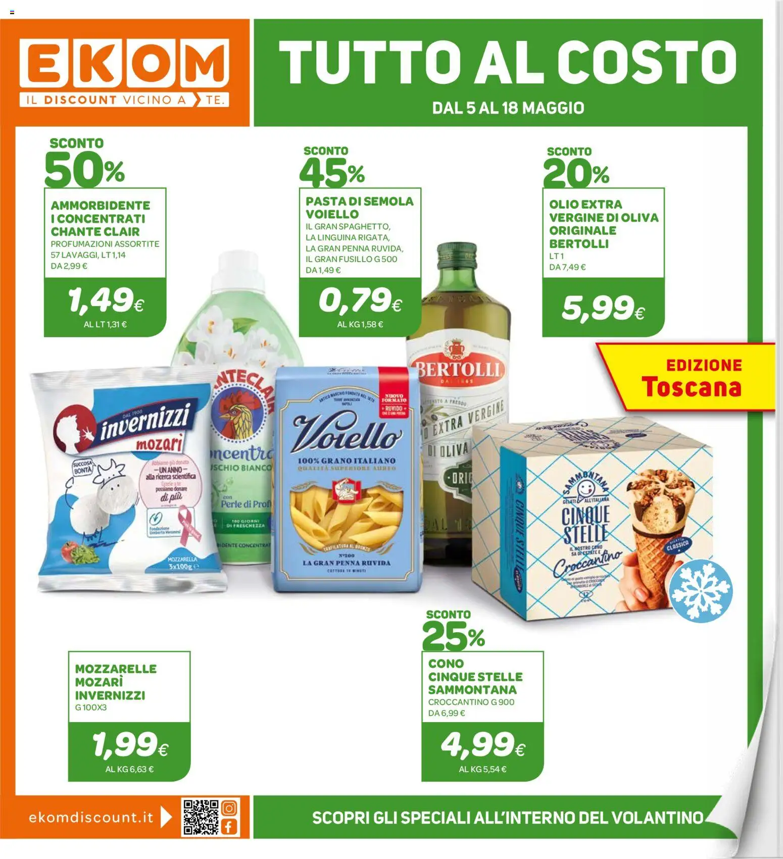 Volantino Ekom del 05.05.2026 | Pagina: 1 | Prodotti: Ammorbidente, Mozzarella, Olio, Pasta