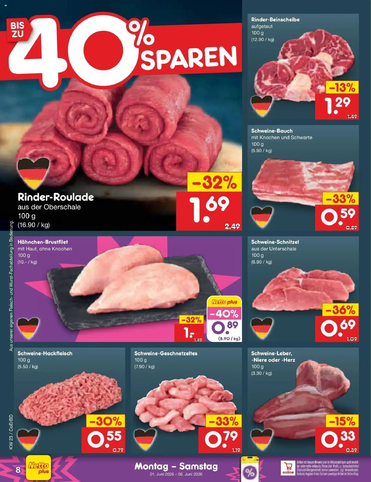 Netto Marken-Discount Prospekt Weimar – gültig ab 01.06.2026 | Seite: 8 | Produkte: Schweinebauch, Fleisch