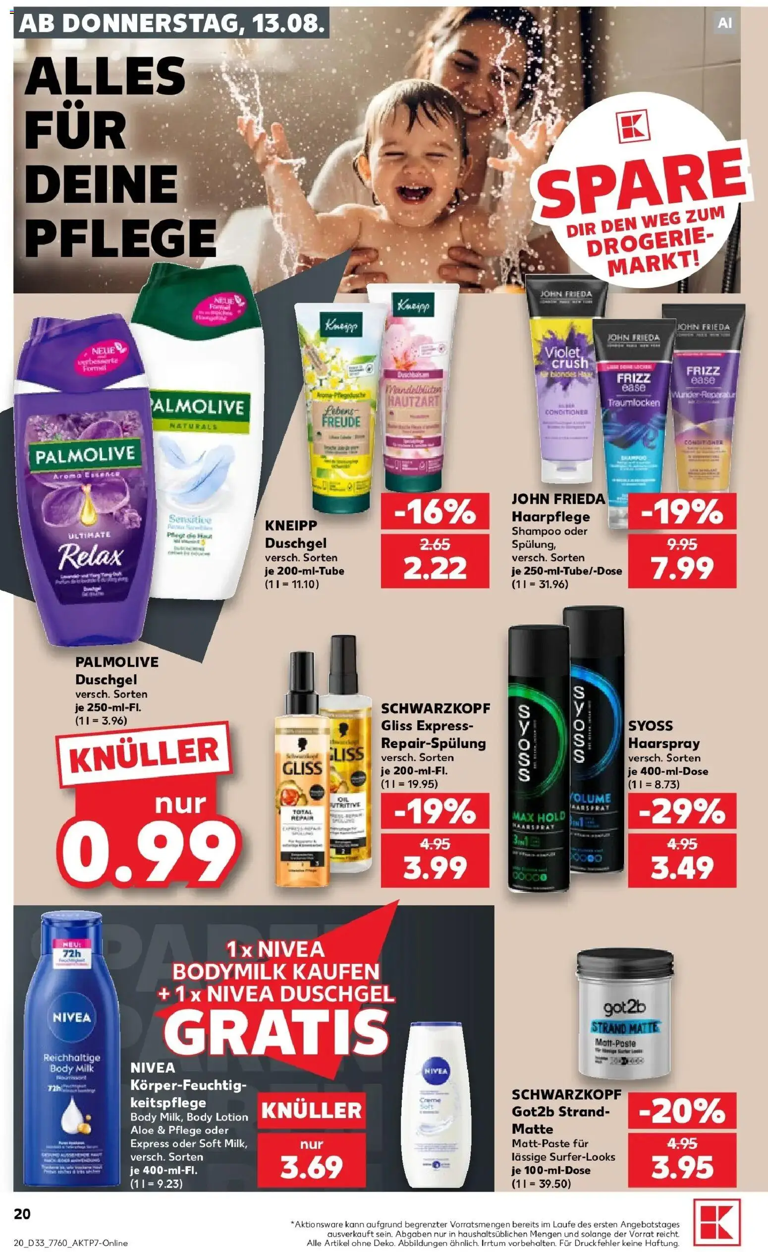 Prospekt Kaufland ab 13.08.2026 » Angebote Online zum Blättern | Seite: 20 | Produkte: Shampoo, Haarspray, Body Lotion, Body Milk