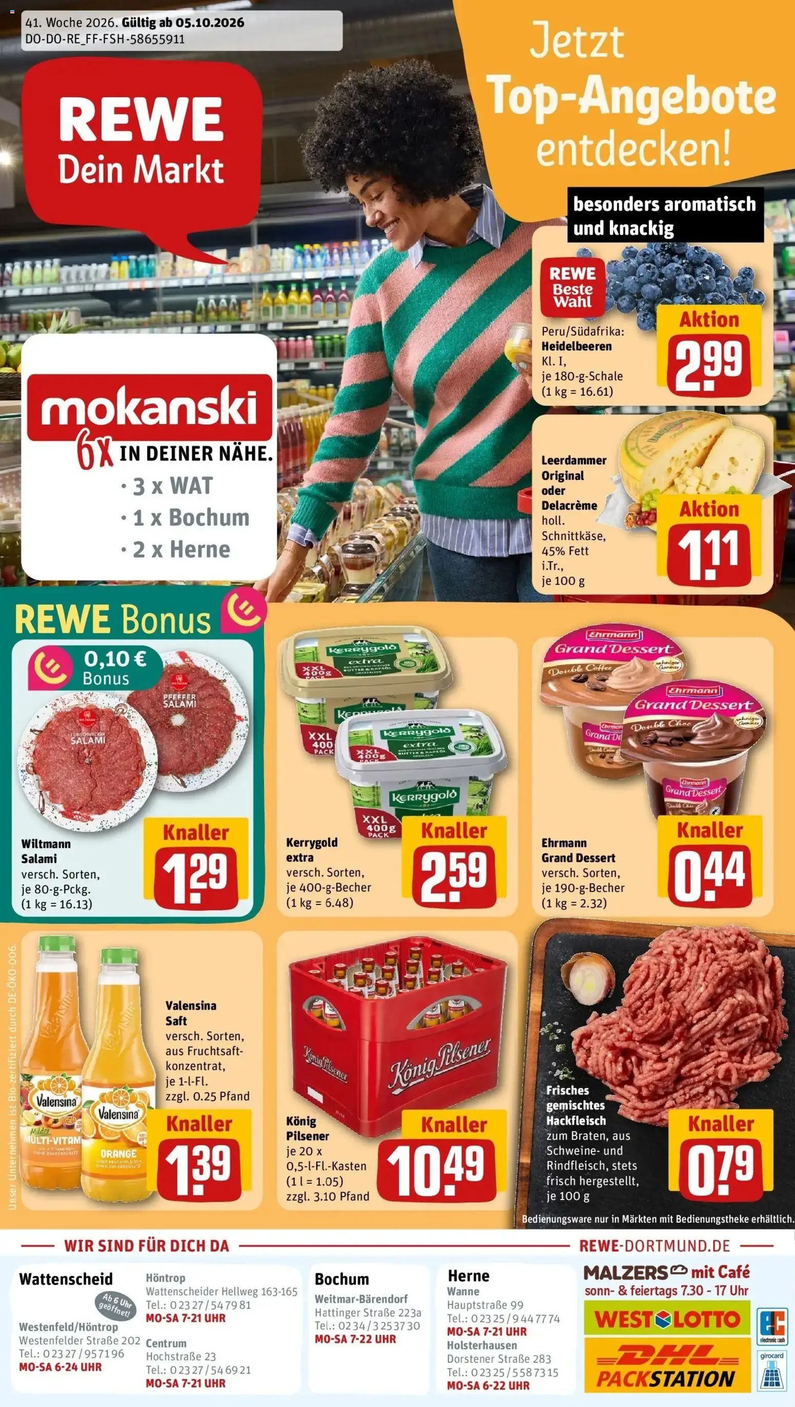 REWE Prospekt ab 05.10.2026 zum Blättern » Angebote | Seite: 1 | Produkte: Leerdammer, Heidelbeeren, Valensina, Fruchtsaft