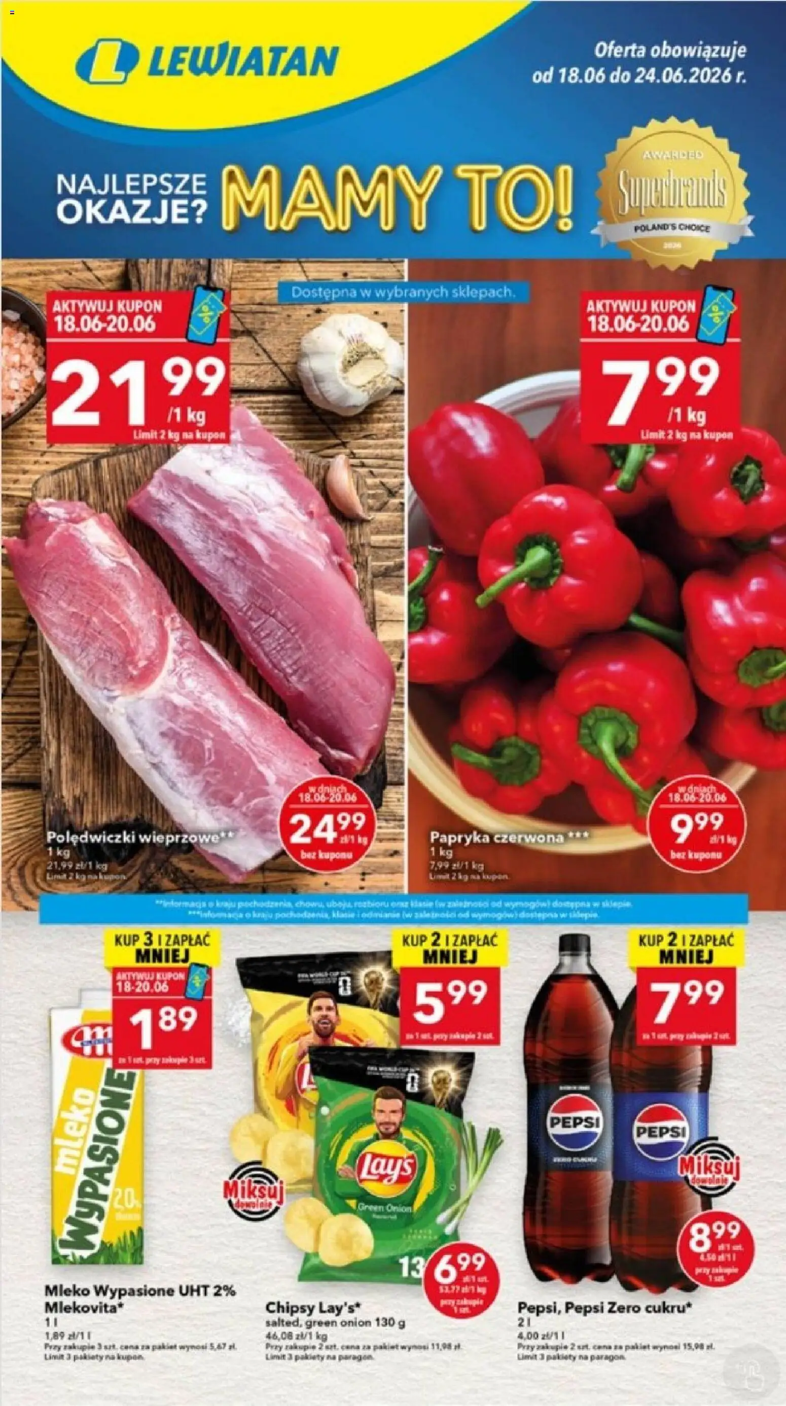 Lewiatan gazetka - Ostrów Wielkopolski od 18.06.2026 | Strona: 1 | Produkty: Papryka, Polędwiczki wieprzowe, Mleko, Papryka czerwona