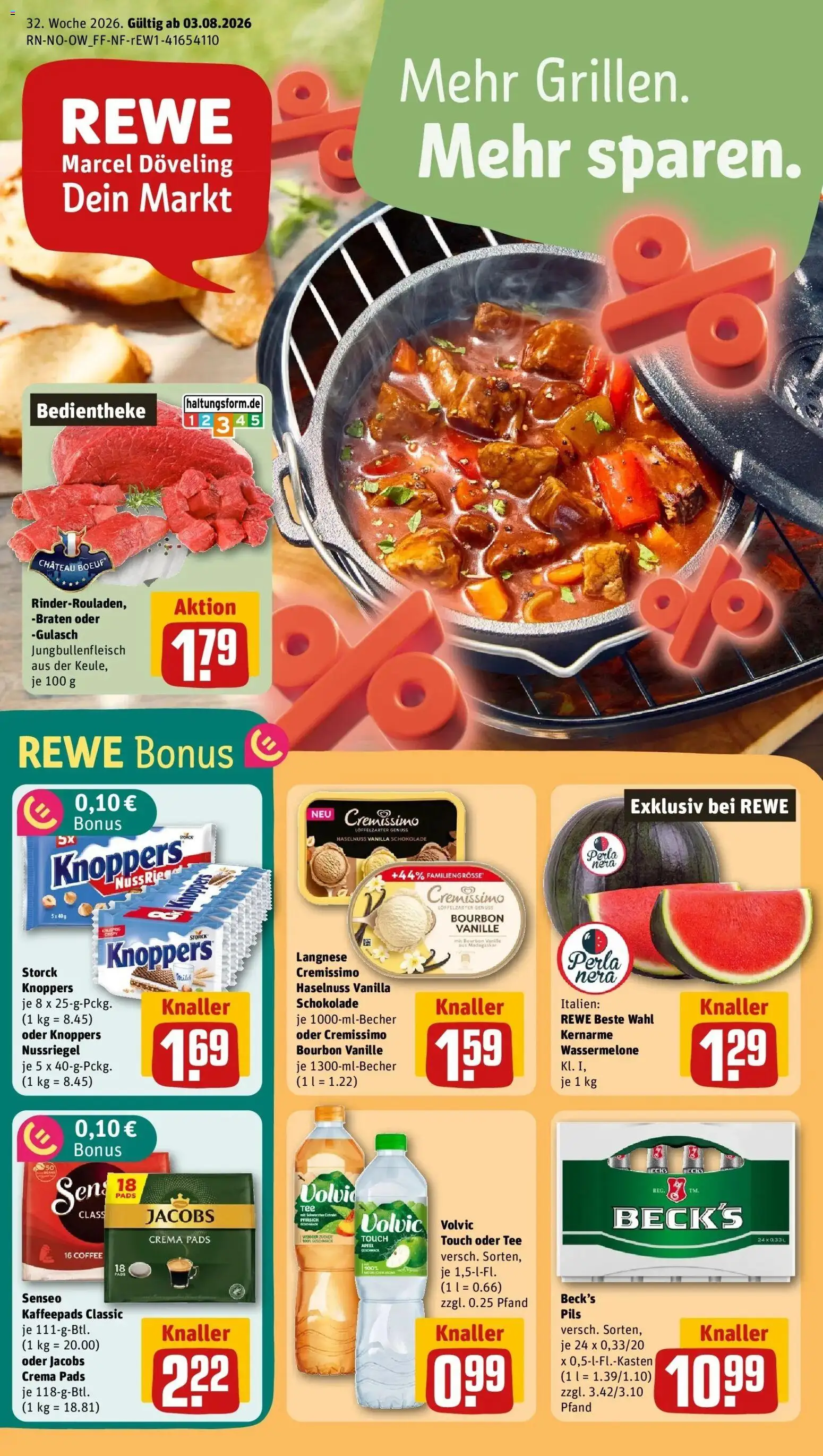 REWE Prospekt ab 03.08.2026 zum Blättern » Angebote | Seite: 1 | Produkte: Langnese, Vanille, Knoppers, Tee