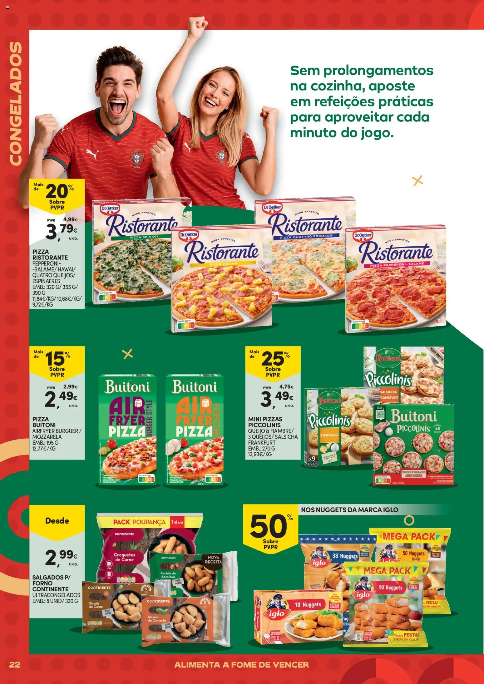 Continente - Futebol Alimenta a fome de vencer │ válido de 09.06.2026 | Página: 22 | Produtos: Bacalhau, Camarão, Pizza, Carne