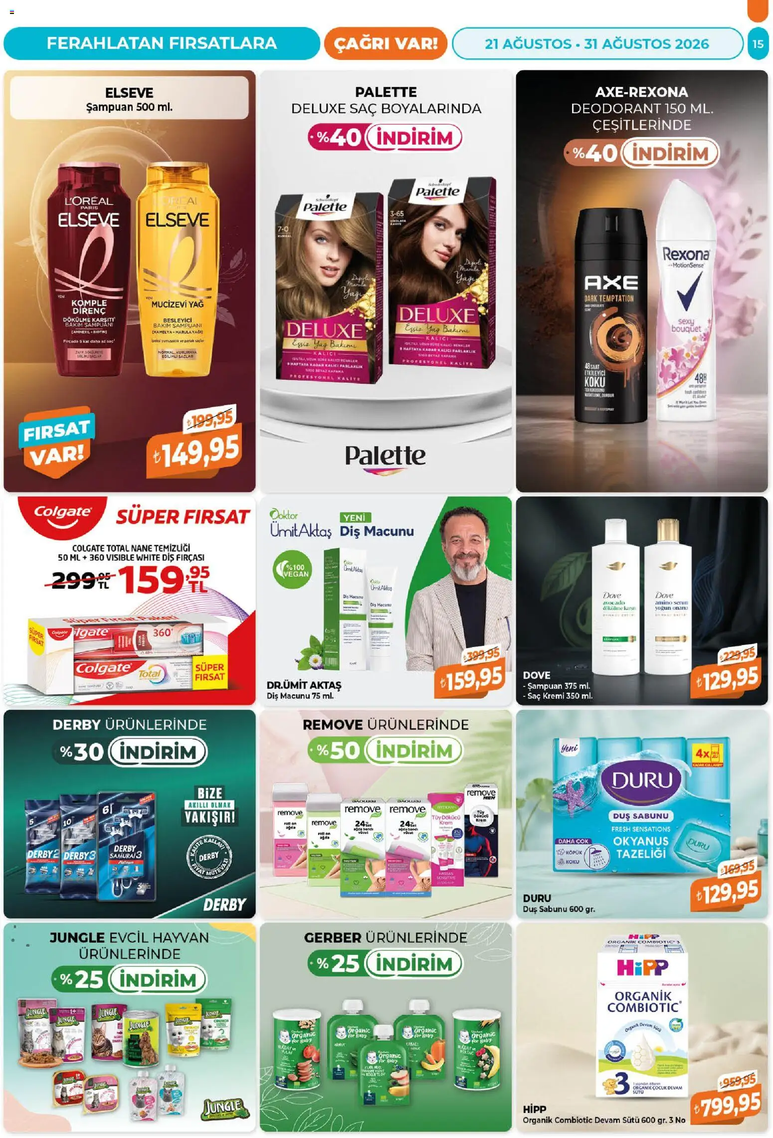 Çağrı Market Katalog - 21 Ağustos 2026 tarihinden itibaren geçerlidir | Sayfa: 15 | Ürünler: Saç Kremi, Diş macunu, Koku, Saat
