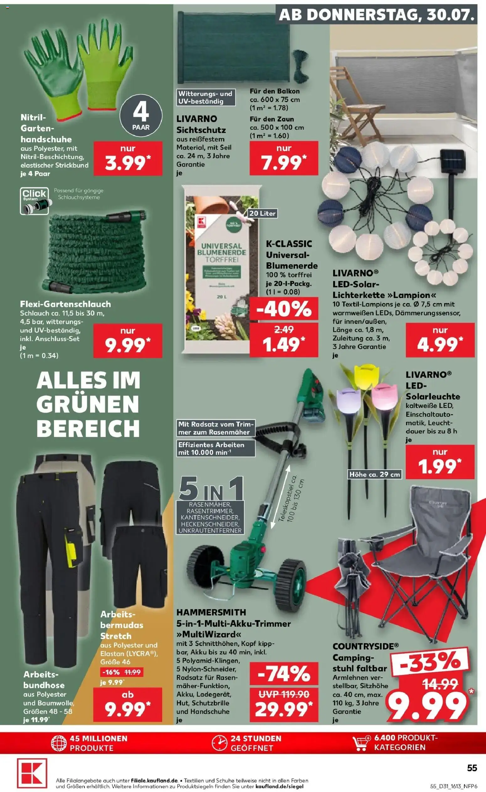 Kaufland Prospekt Buchen – gültig ab 30.07.2026 | Seite: 55 | Produkte: Rasenmäher, Stuhl, Solarleuchte, Handschuhe