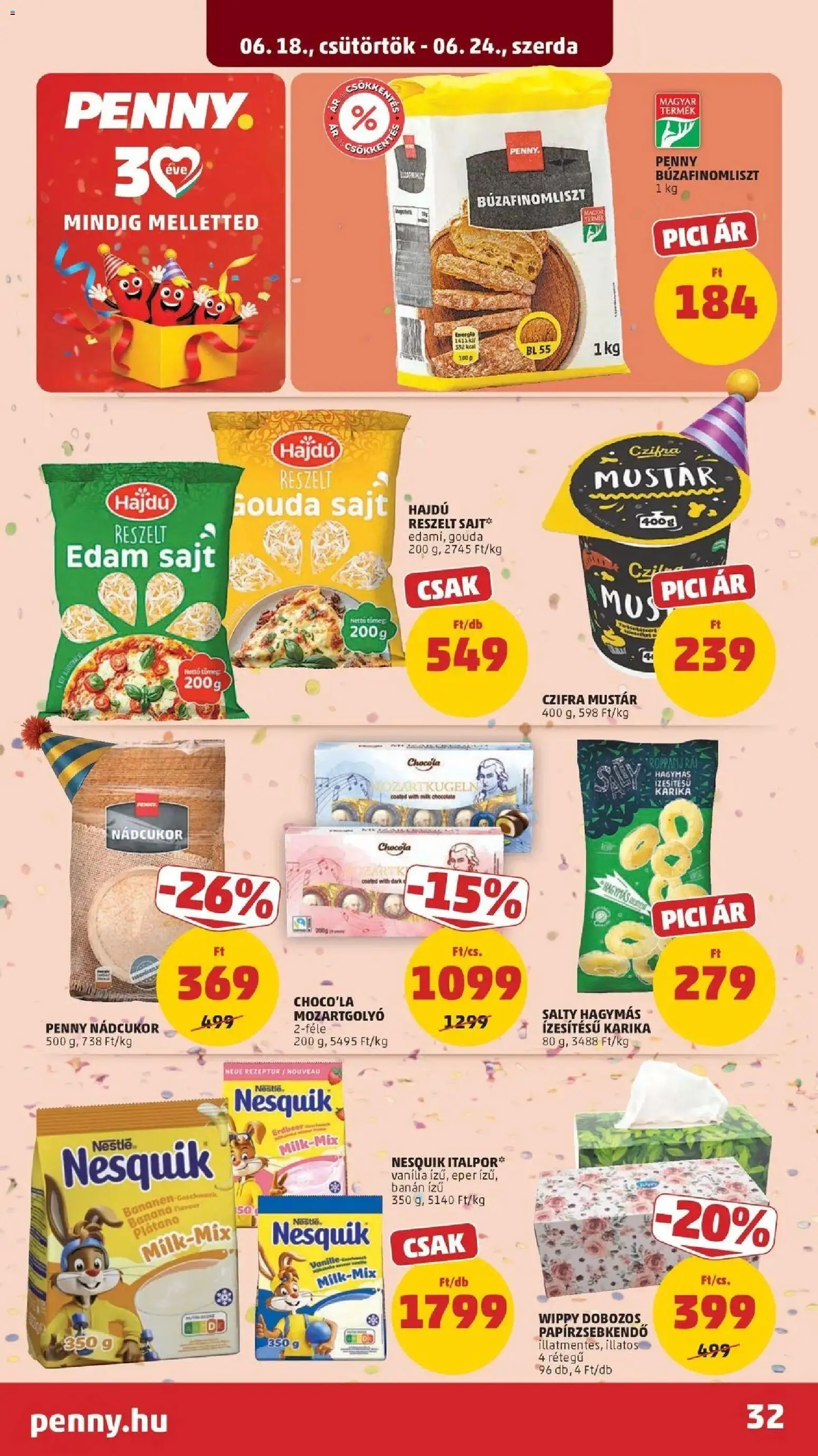 PENNY akciós ujság - amely érvényes a következő dátumtól: 18.06.2026 | Oldal: 32 | Termékek: Nesquik, Sajt, Banán, Eper