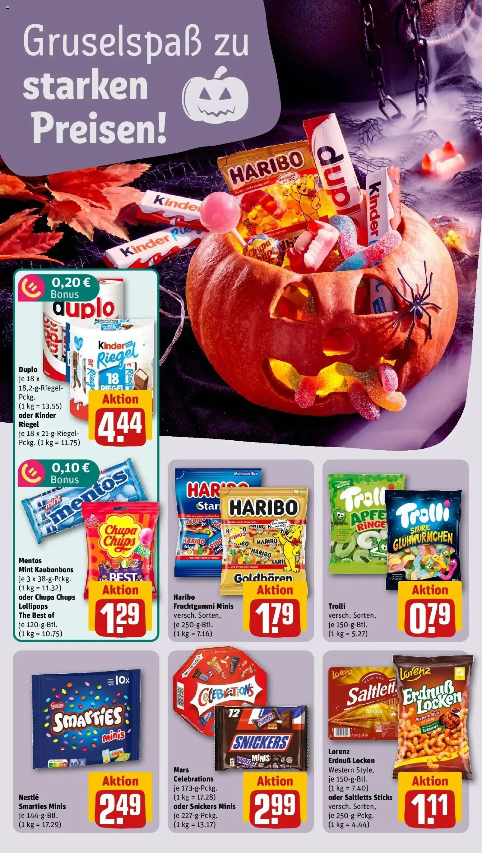 REWE Prospekt ab 26.10.2026 zum Blättern » Angebote | Seite: 4 | Produkte: Haribo, Smarties, Kinder riegel, Snickers