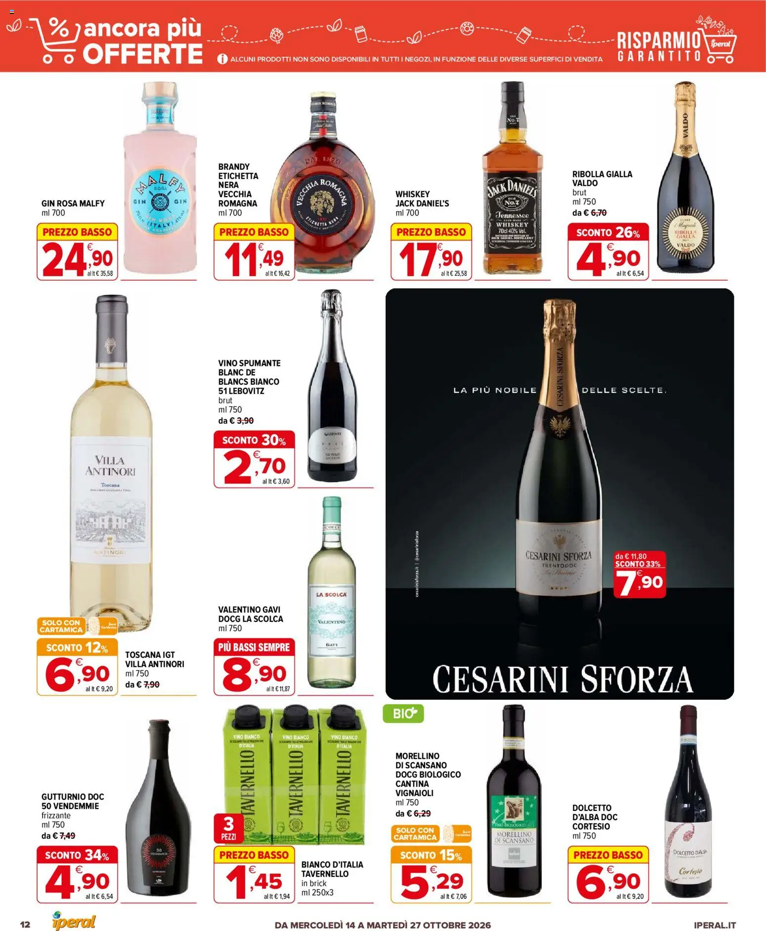 Volantino Iperal del 14/10/2026 | Pagina: 12 | Prodotti: Gin, Gin rosa, Vino, Jack Daniel’s