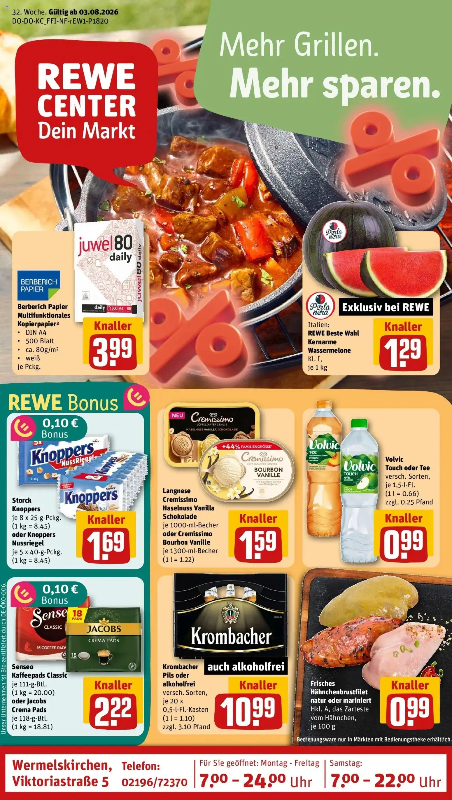 REWE Prospekt ab 03.08.2026 zum Blättern » Angebote | Seite: 1 | Produkte: Cremissimo, Pils, Apple, Volvic