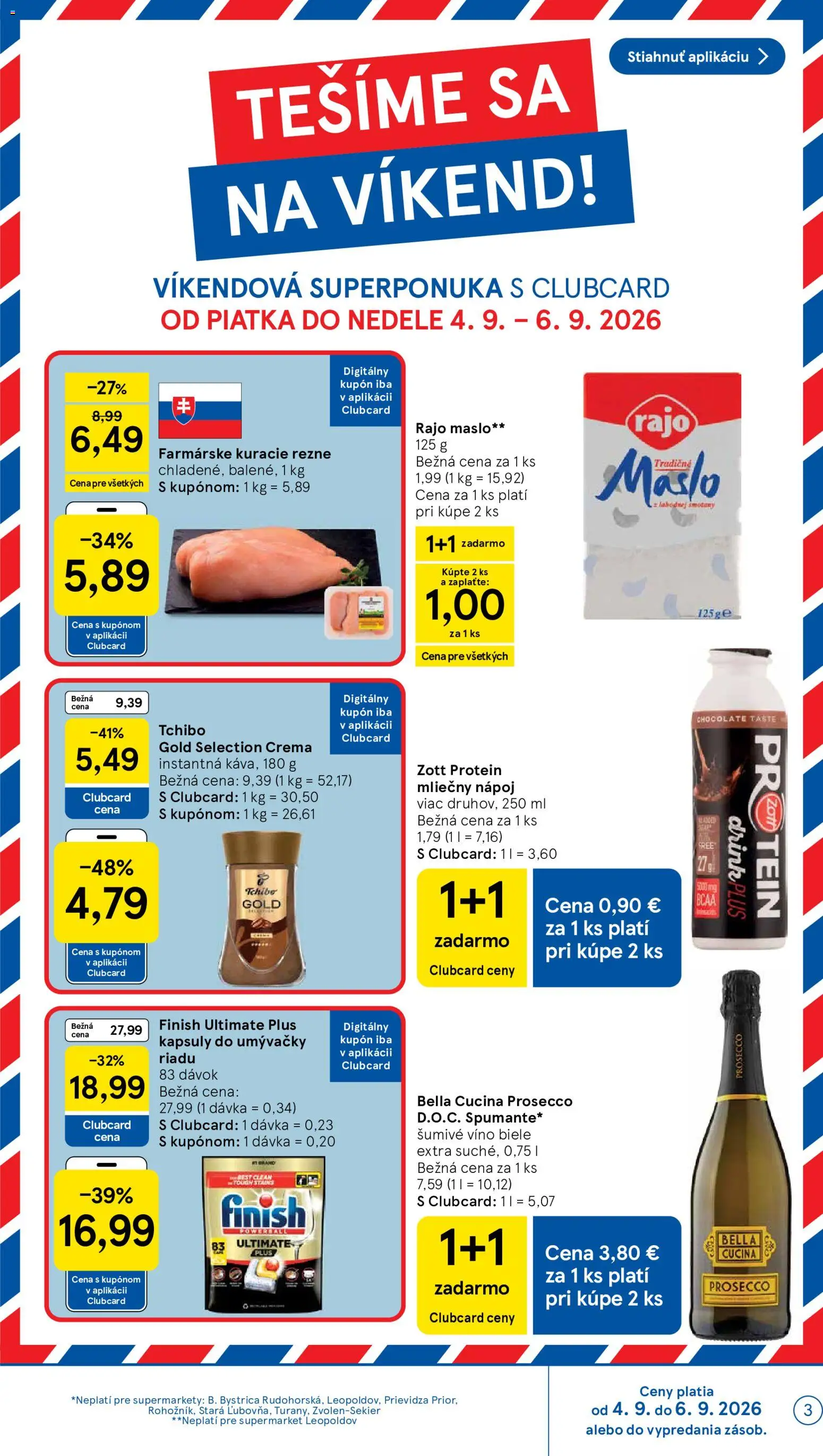 Nové Tesco akcie – leták je platný od 02.09.2026 | Strana: 3 | Produkty: Víno, Protein, Kapsuly do umývačky riadu, Šumivé víno