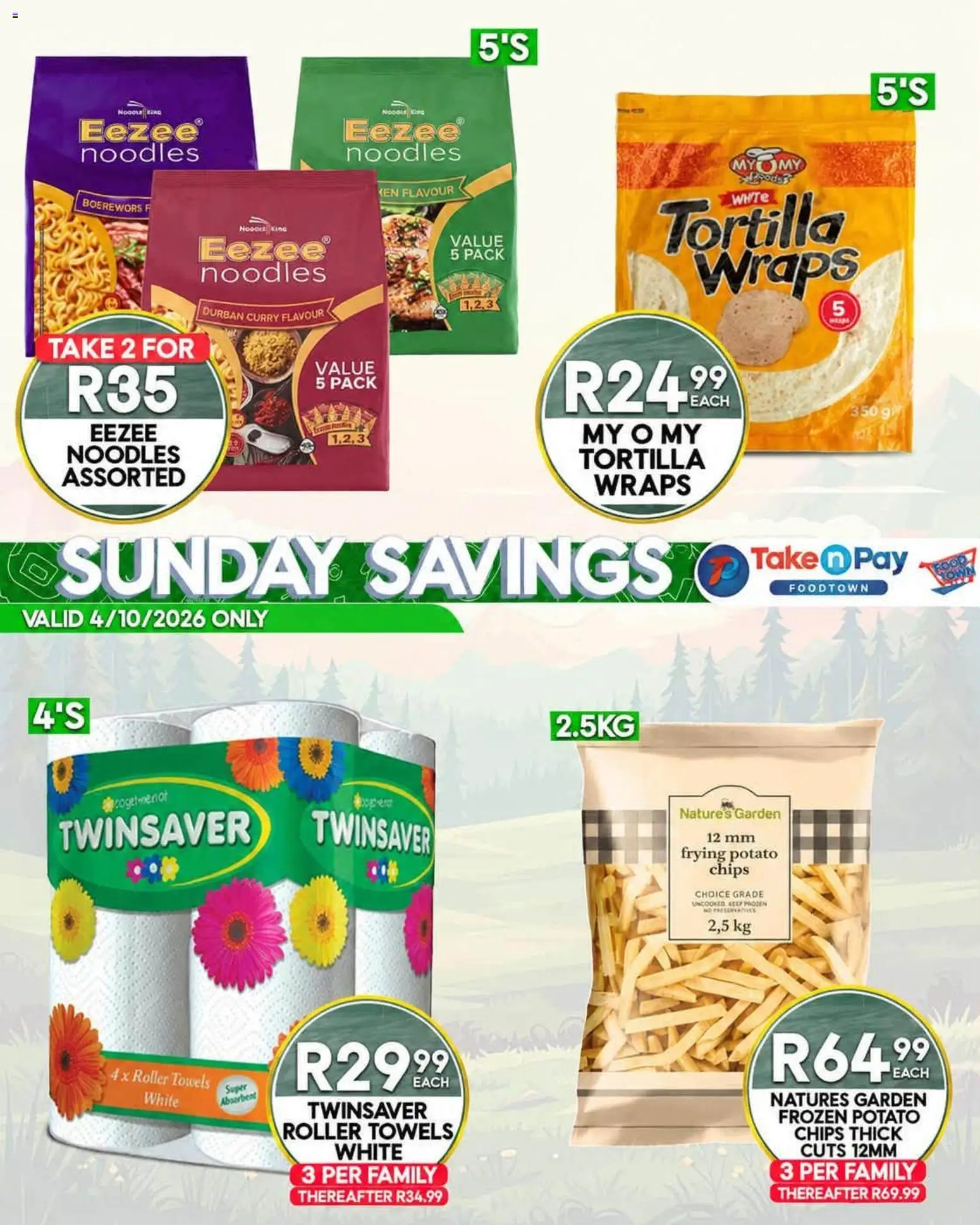 New Take n Pay catalogue – valid from 04/10/2026 | Page: 3 | Products: Towels, Boerewors, Noodles, Chips