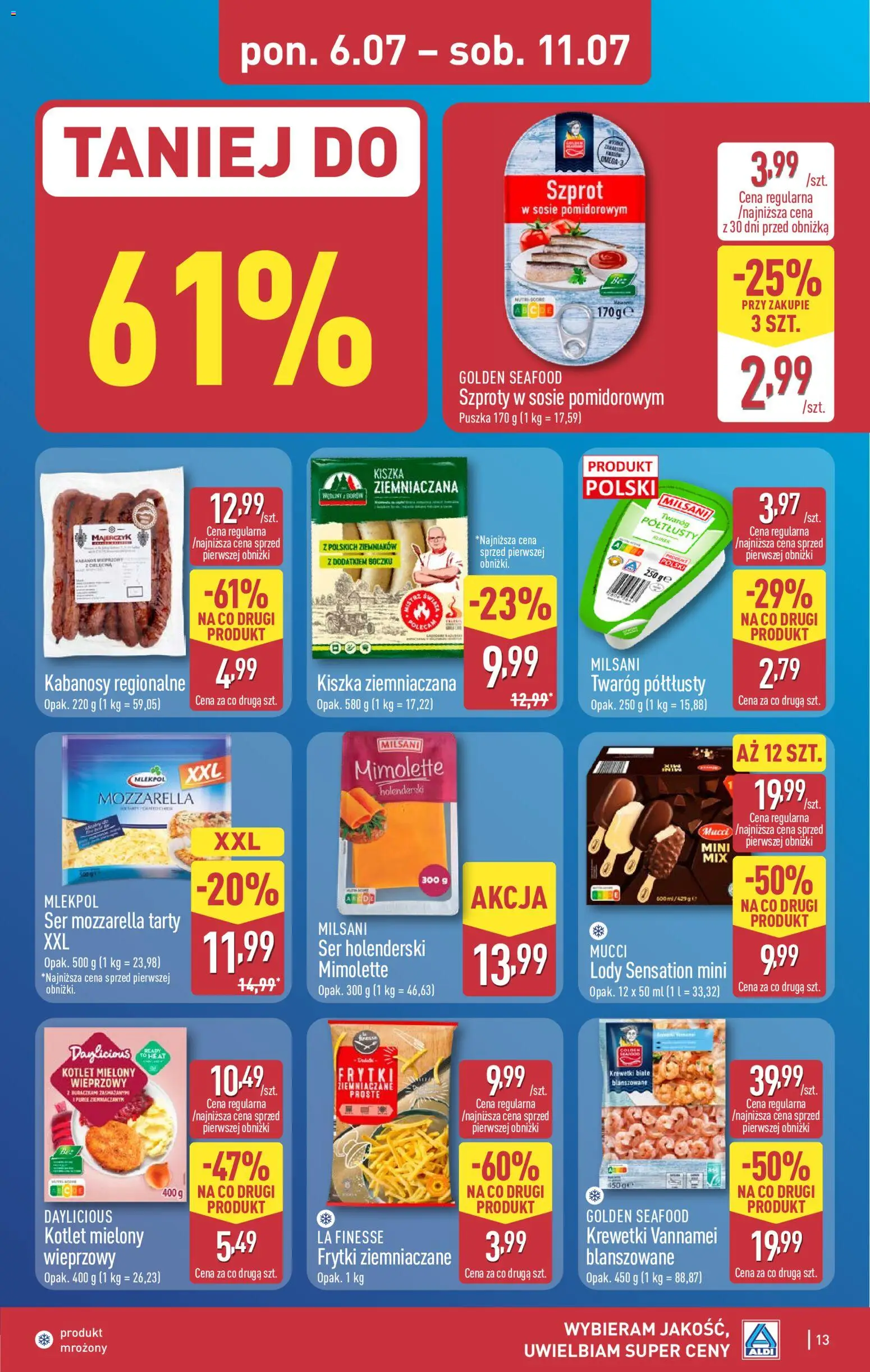 Aldi gazetka od 06.07.2026 | Strona: 13 | Produkty: Ser mozzarella tarty, Kabanosy, Ser, Krewetki vannamei