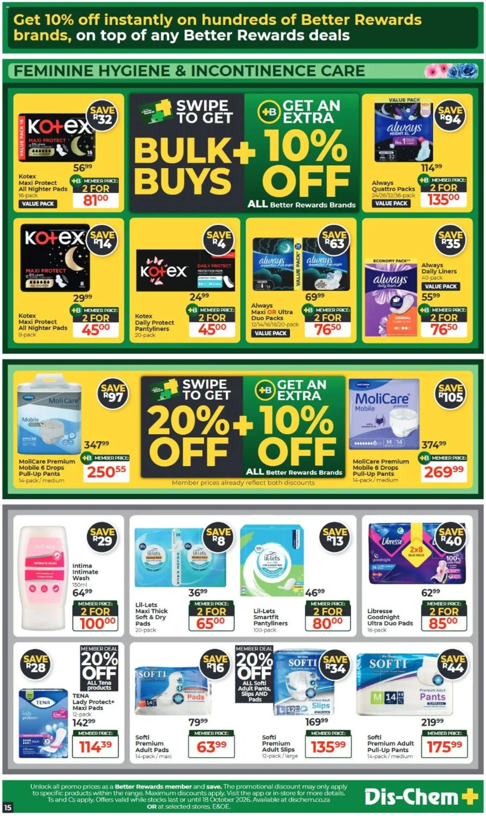 New Dis-Chem catalogue – valid from 15/09/2026 | Page: 15 | Products: Pants, Intimate wash, Pads