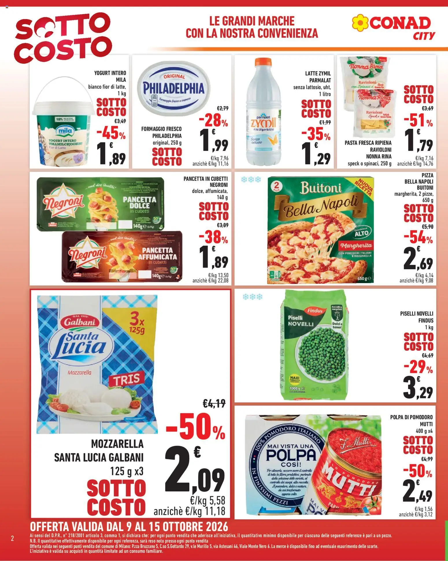 Volantino Conad del 09/10/2026 | Pagina: 2 | Prodotti: Mozzarella, Latte, Pomodori, Senza lattosio