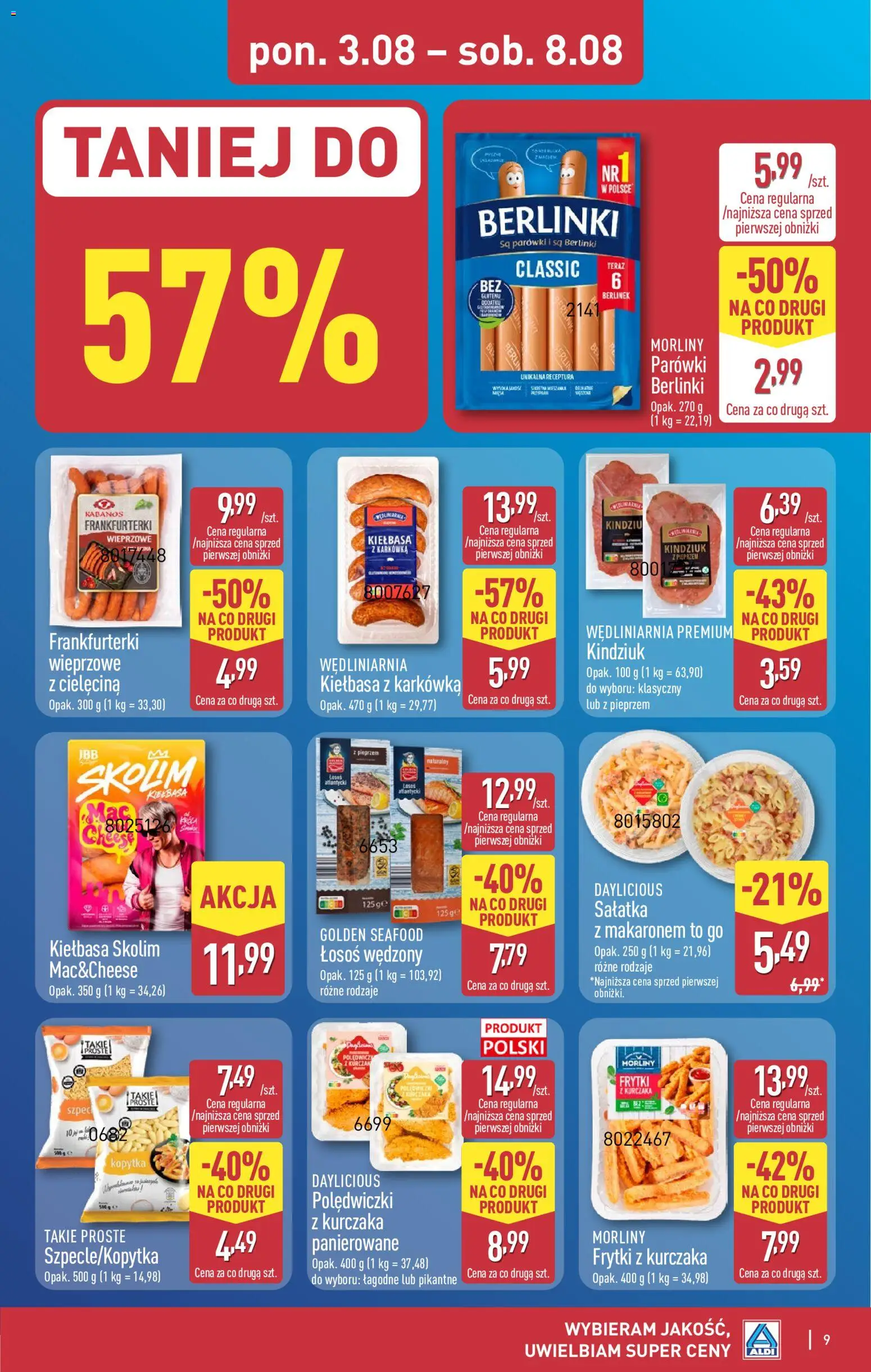 Aldi gazetka od 03.08.2026 | Strona: 9 | Produkty: Karkówka, Parówki, Łosoś, Kopytka