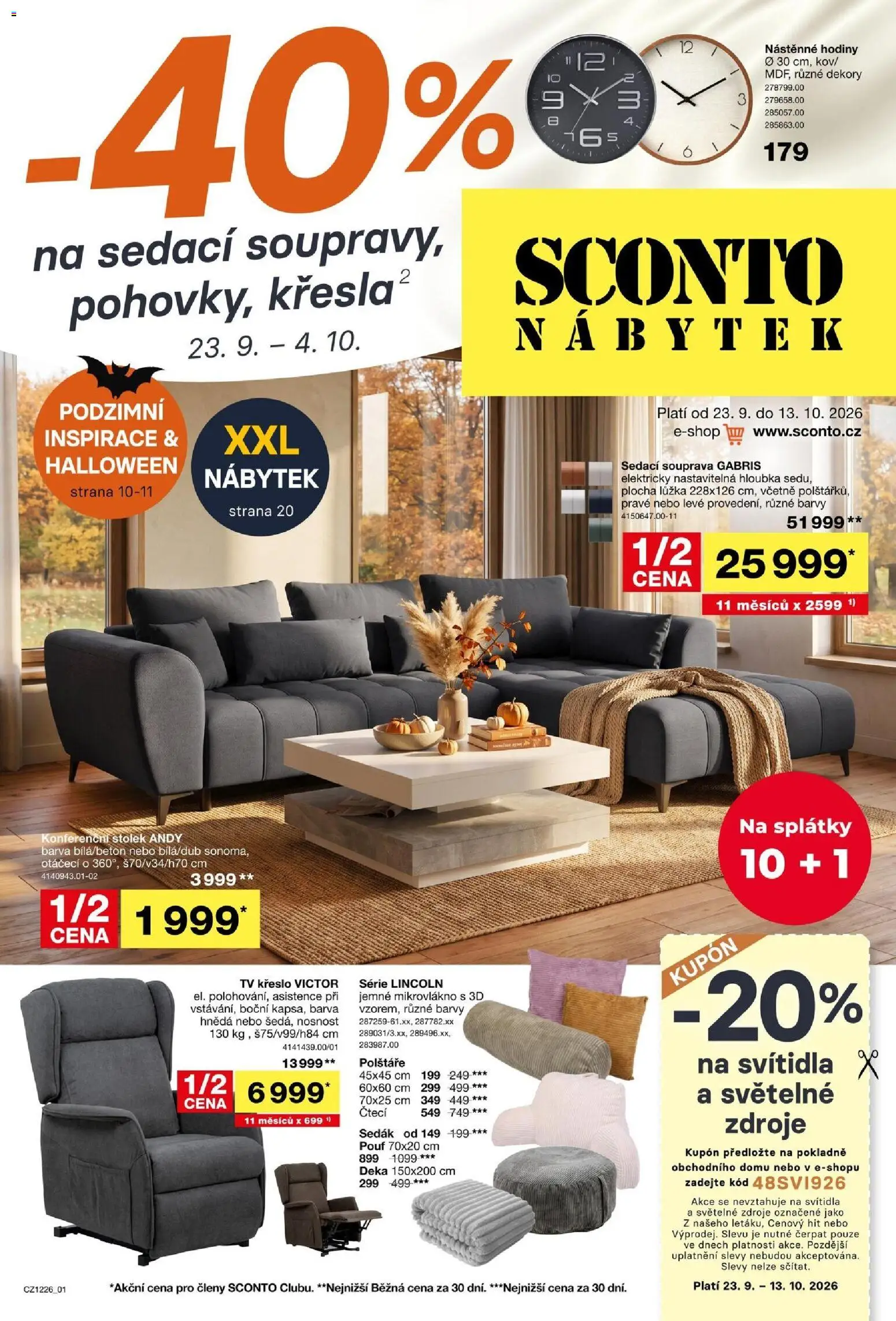 Sconto nábytek leták od 23.09.2026 | Strana: 1 | Produkty: Nástěnné hodiny, Hodiny, Sedací souprava, Konferenční stolek