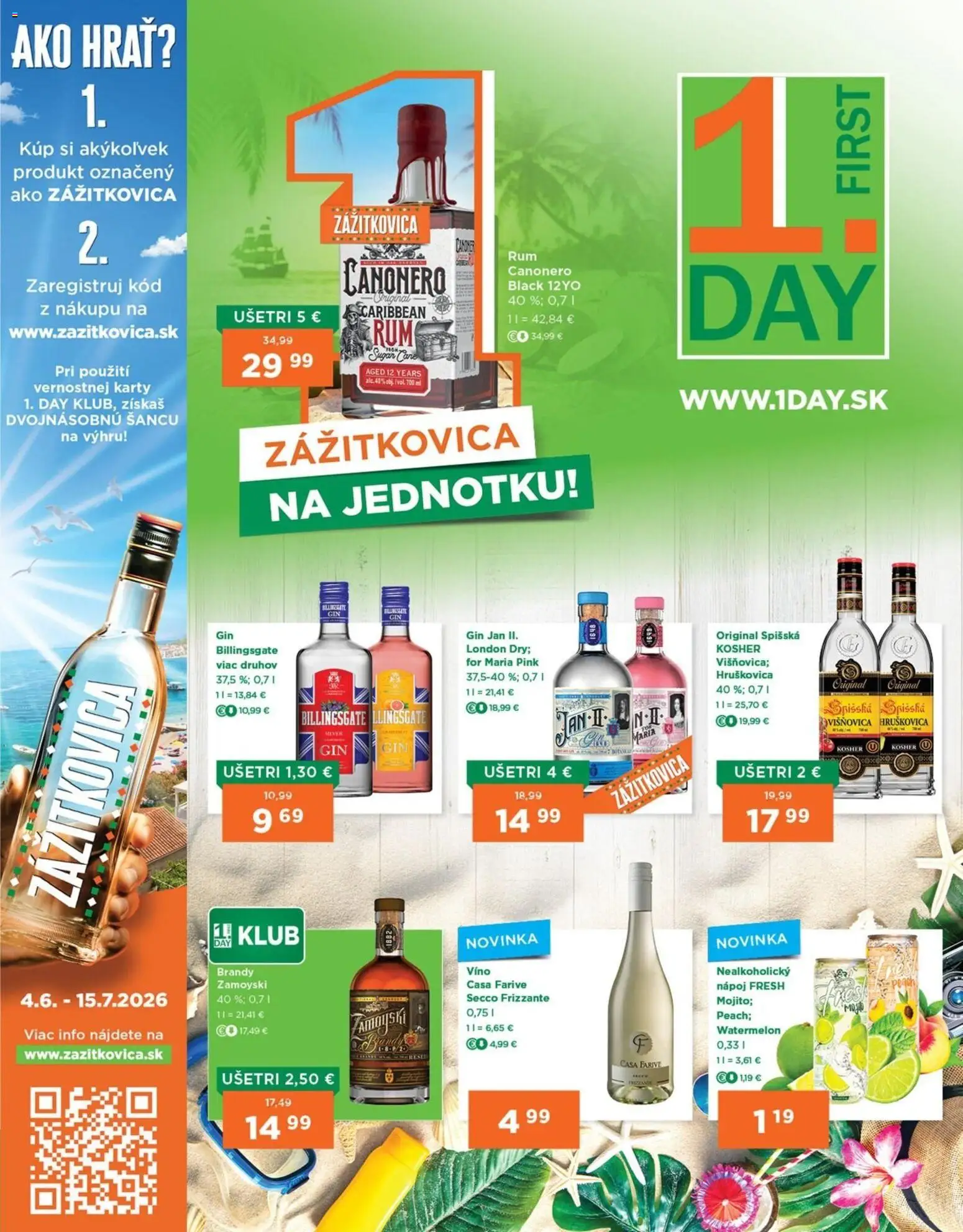 Nové 1day akcie – leták je platný od 04.06.2026 | Strana: 1 | Produkty: Víno, Gin, Brandy