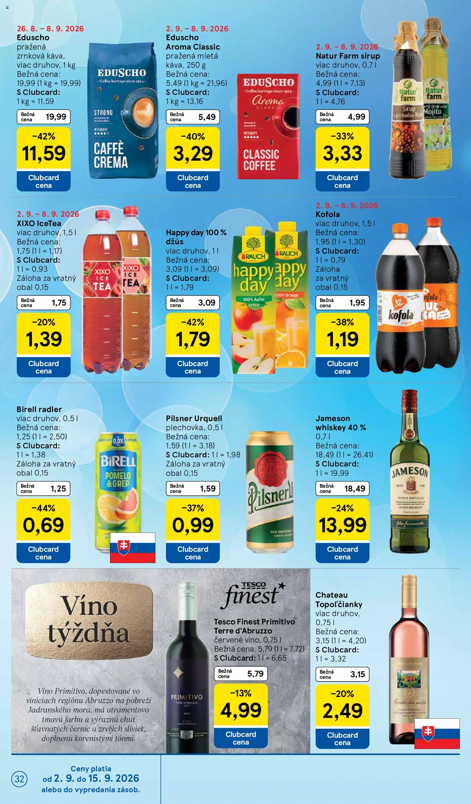 Nové Tesco akcie – leták je platný od 02.09.2026 | Strana: 32 | Produkty: Víno, Birell, Kofola, Pomelo