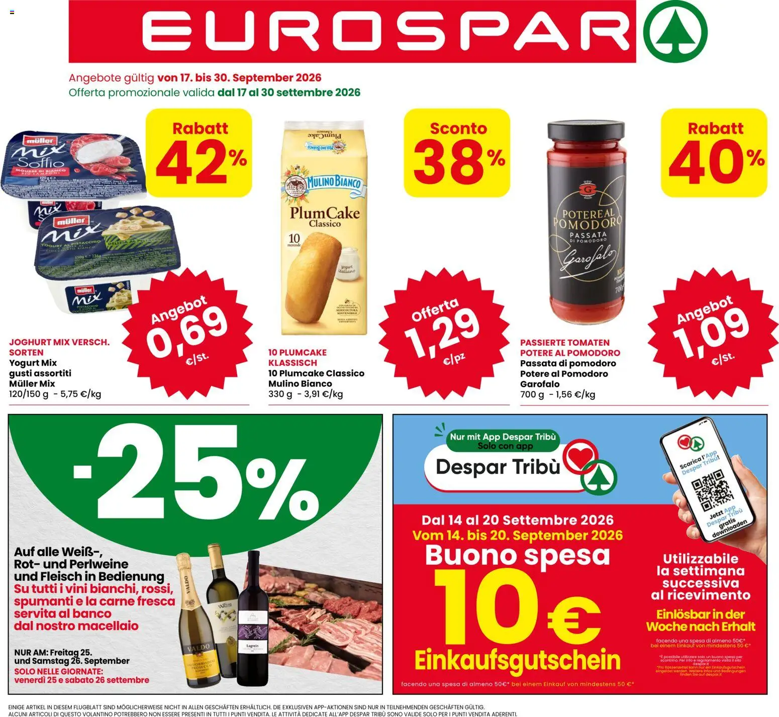 Volantino Eurospar del 17/09/2026 | Pagina: 1 | Prodotti: Yogurt, Prosecco, Pomodoro, Plumcake