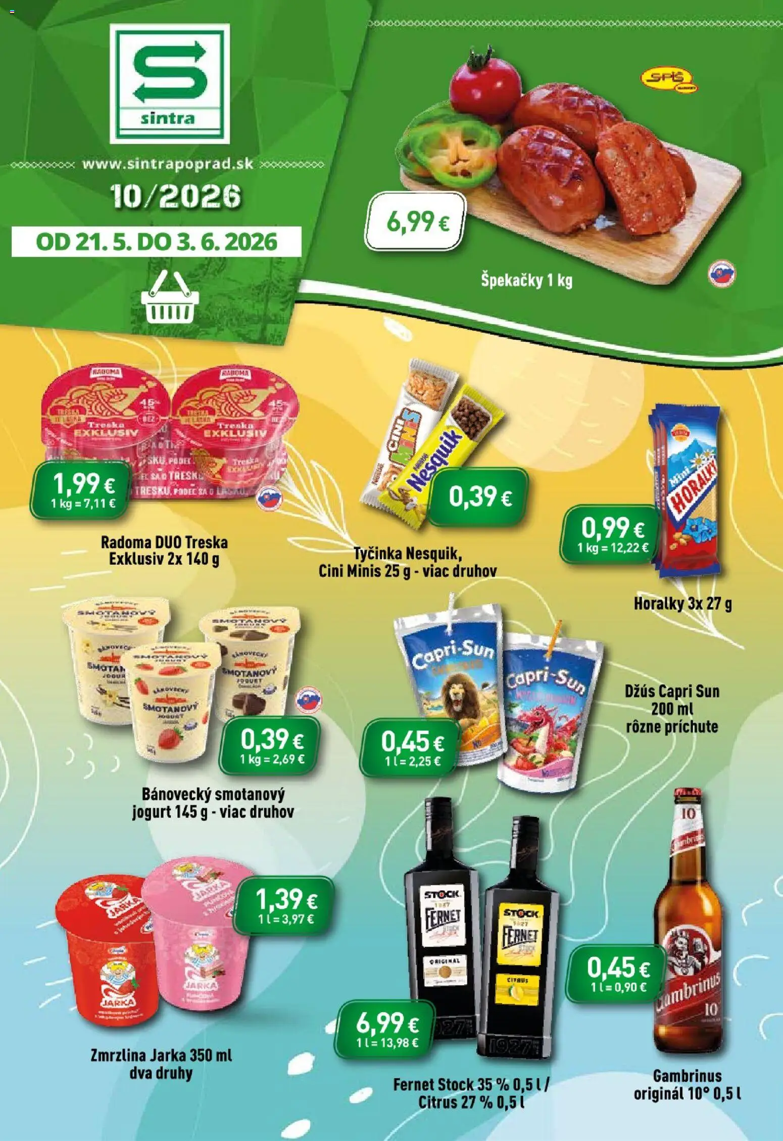 Nové Sintra akcie – leták je platný od 21.05.2026 | Strana: 1 | Produkty: Džús, Fernet Stock, Gambrinus, Nesquik