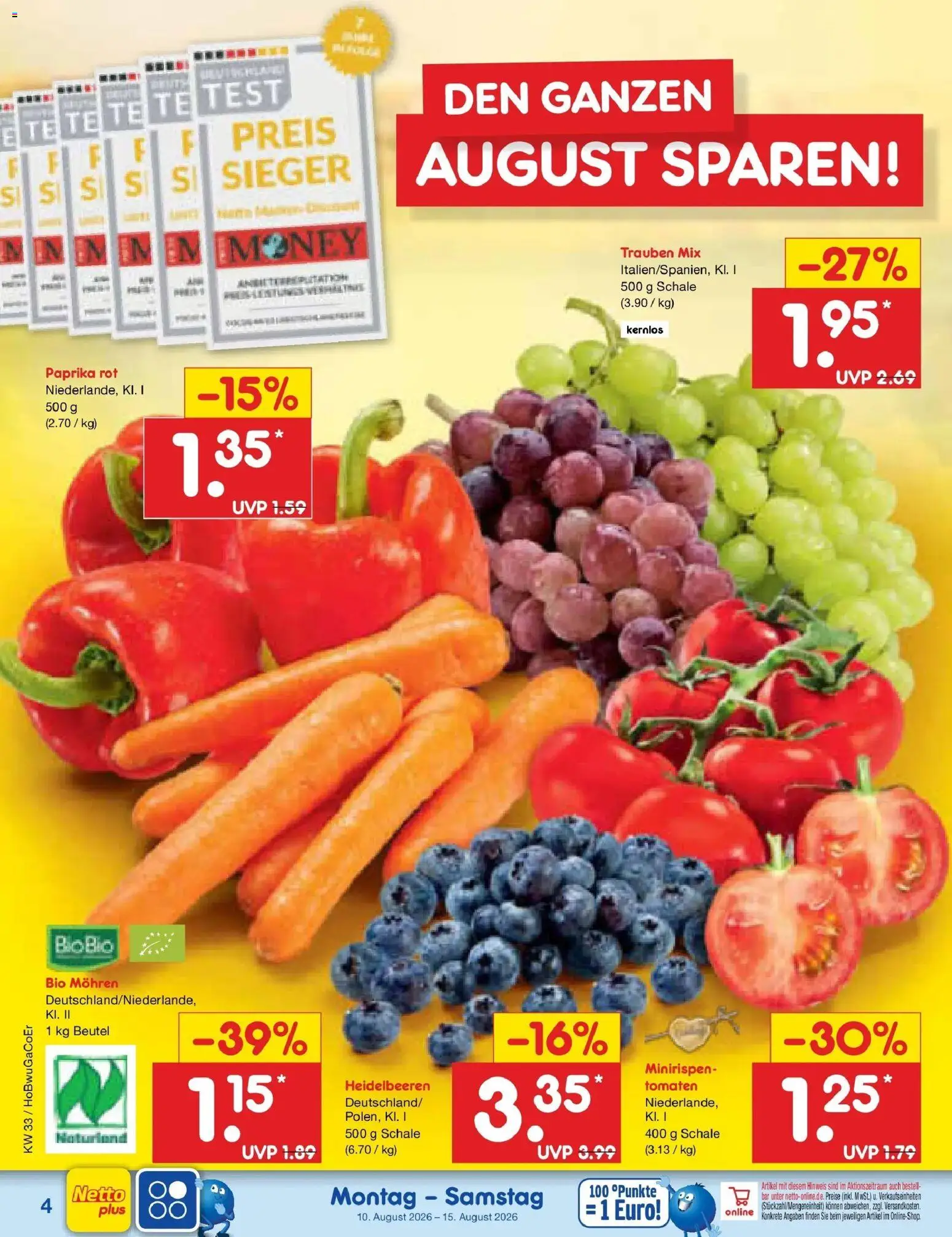 Netto Marken-Discount Prospekt – gültig ab 10.08.2026 | Seite: 4 | Produkte: Trauben, Tomaten, Mohren, Heidelbeeren