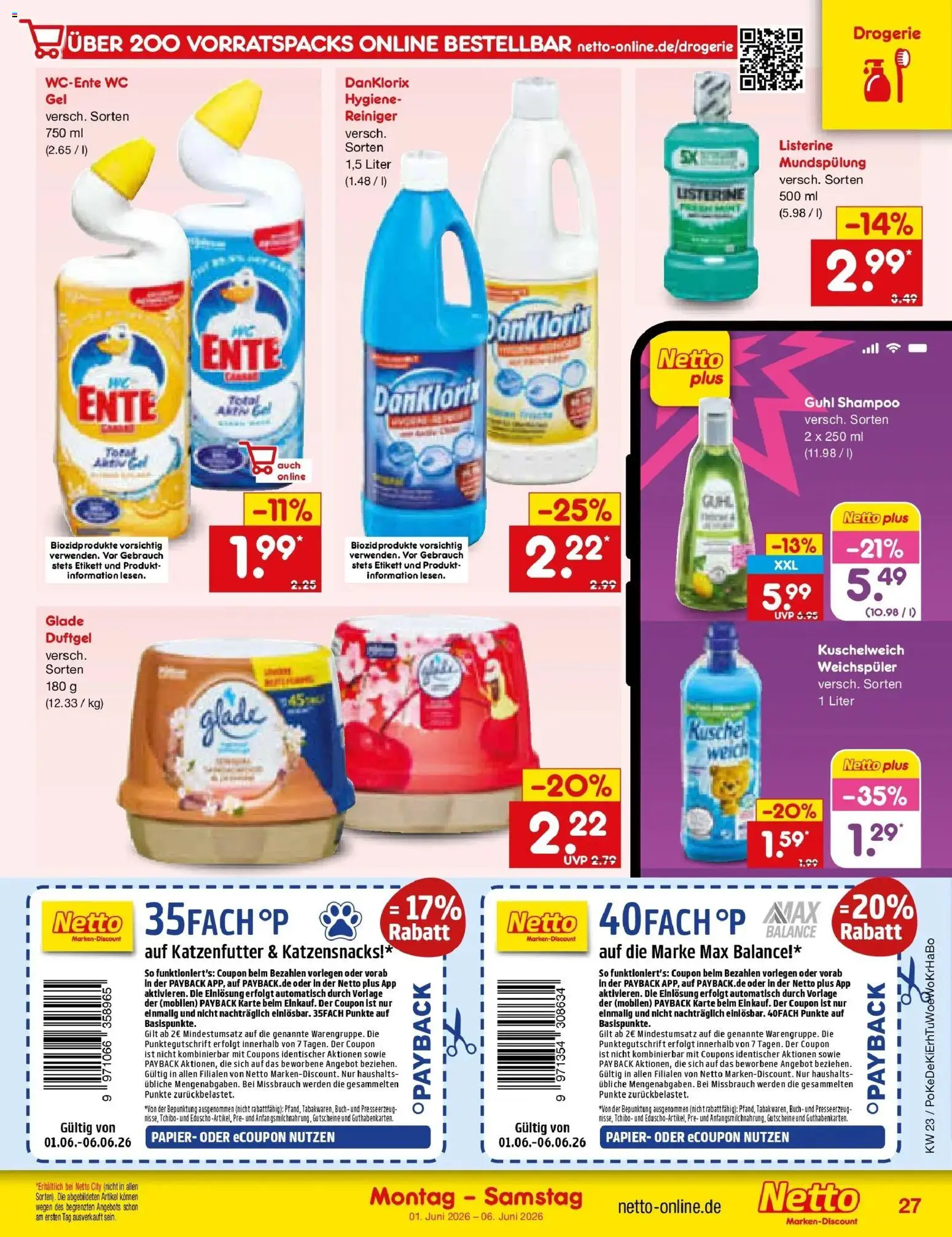 Netto Marken-Discount Prospekt Regensburg – gültig ab 01.06.2026 | Seite: 33 | Produkte: Katzenfutter, Kuschelweich, Shampoo, Listerine