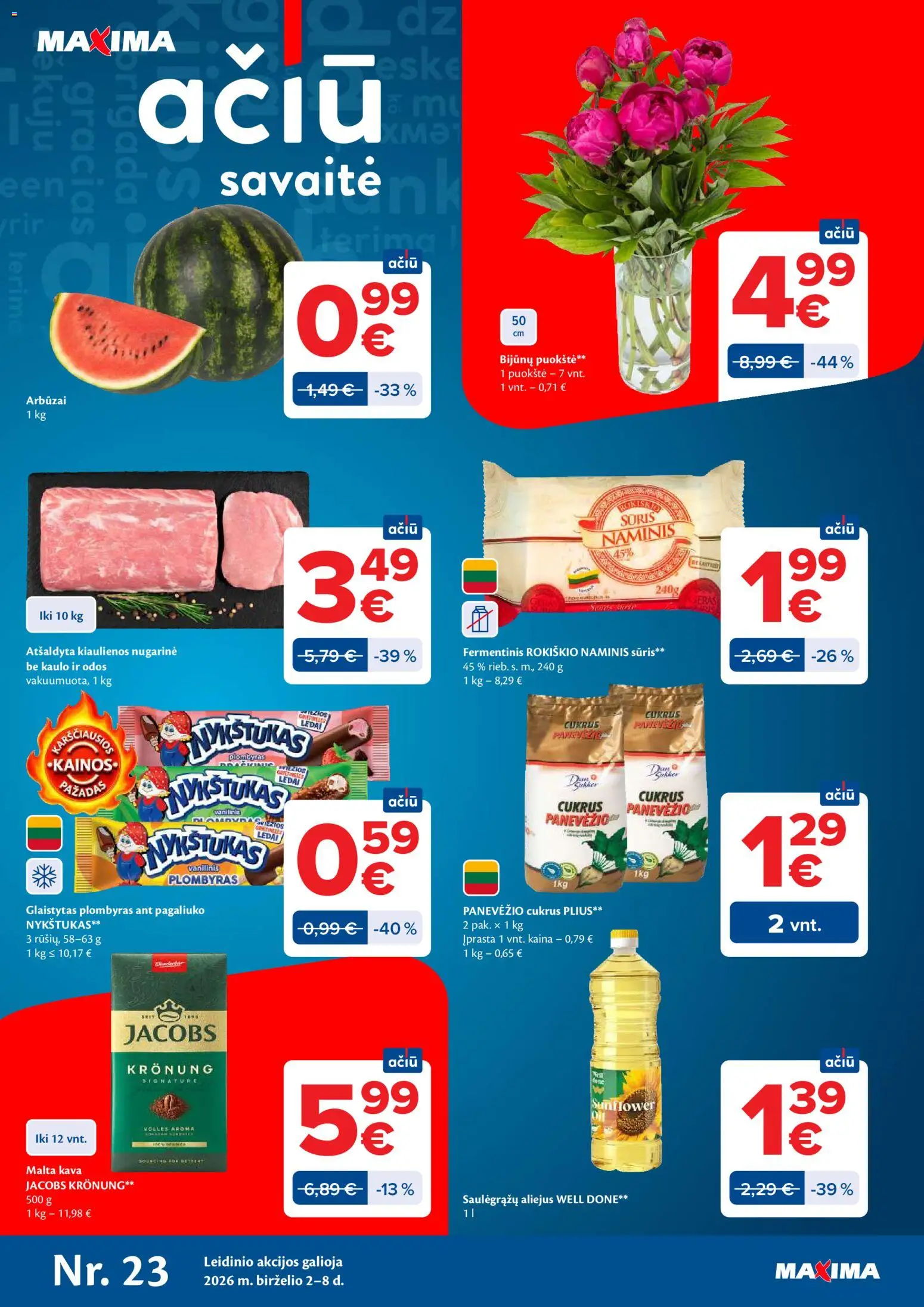 MAXIMA akcijos nuo 02.06.2026 | Puslapis: 1 | Prekių: Kiaulienos, Sūris, Plombyras, Cukrus