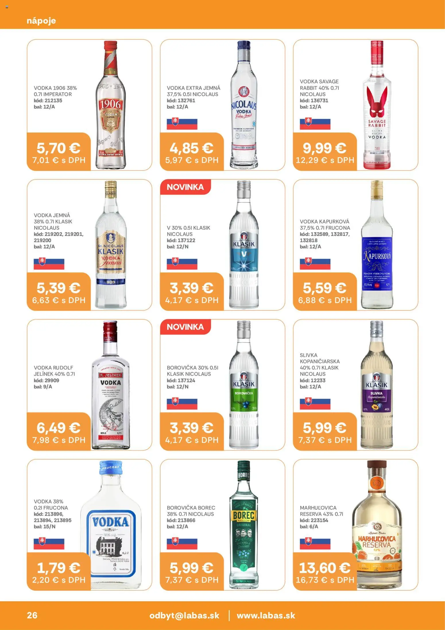 Nové Labaš akcie – leták je platný od 25.08.2026 | Strana: 26 | Produkty: Borovička, Nápoje, Vodka