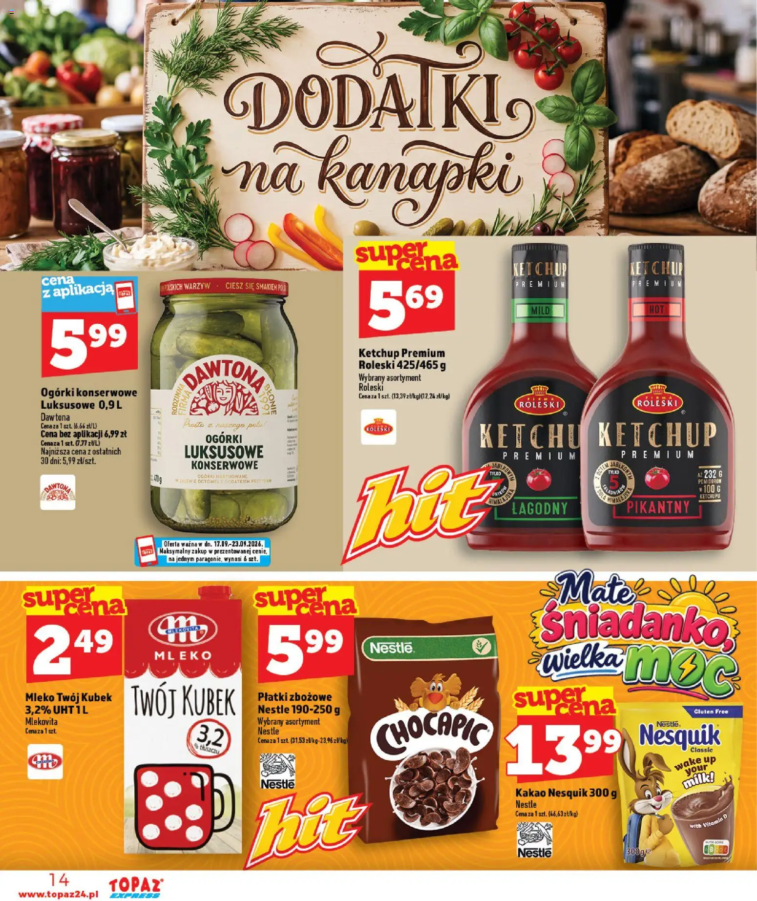 Topaz gazetka - Express od 17.09.2026 | Strona: 14 | Produkty: Kakao, Mleko, Płatki, Ogórki konserwowe