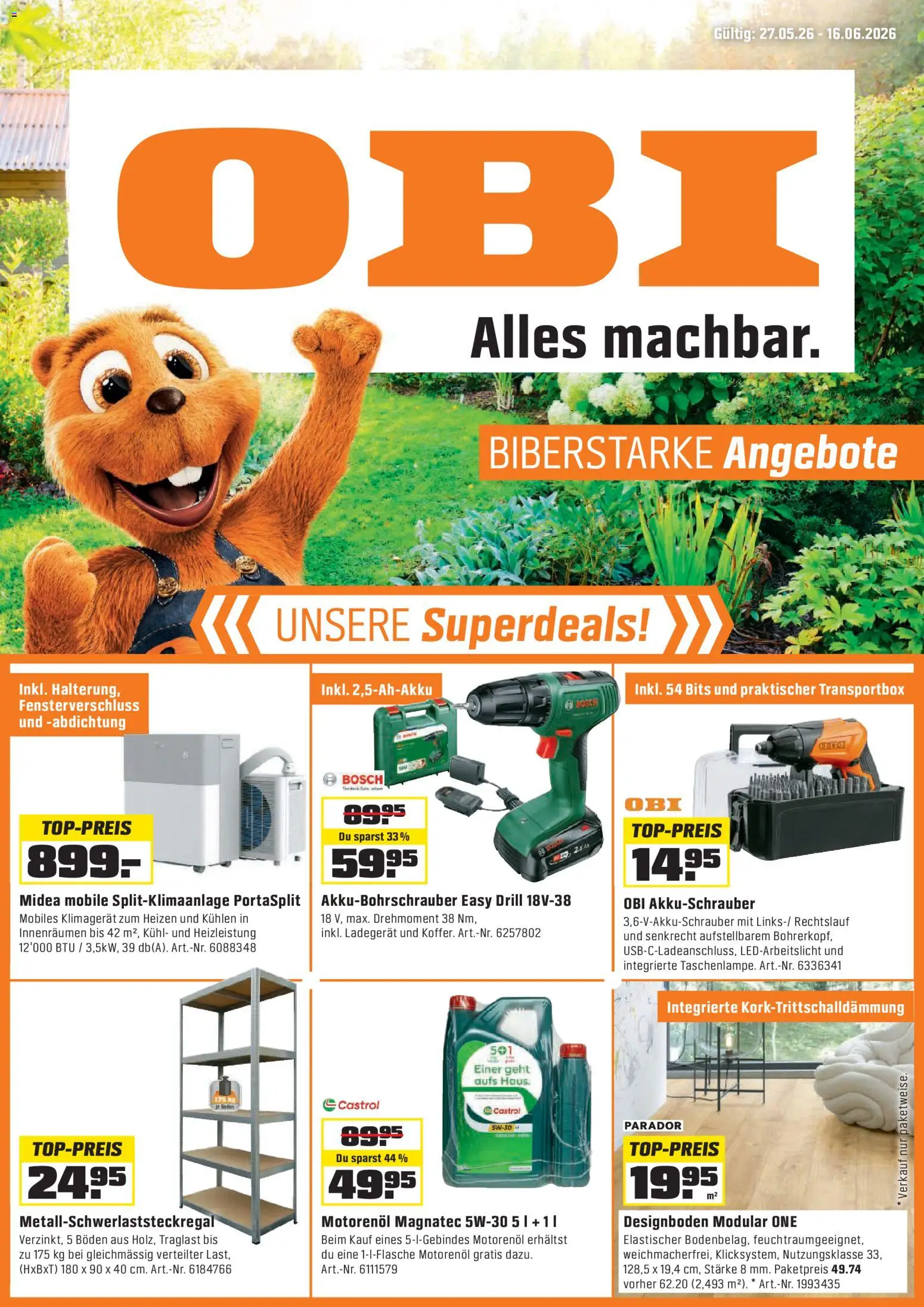 OBI aktionen – gültig ab 27.05.2026 | Seite: 1 | Produkte: Klimagerät, Ladegerät, Bosch