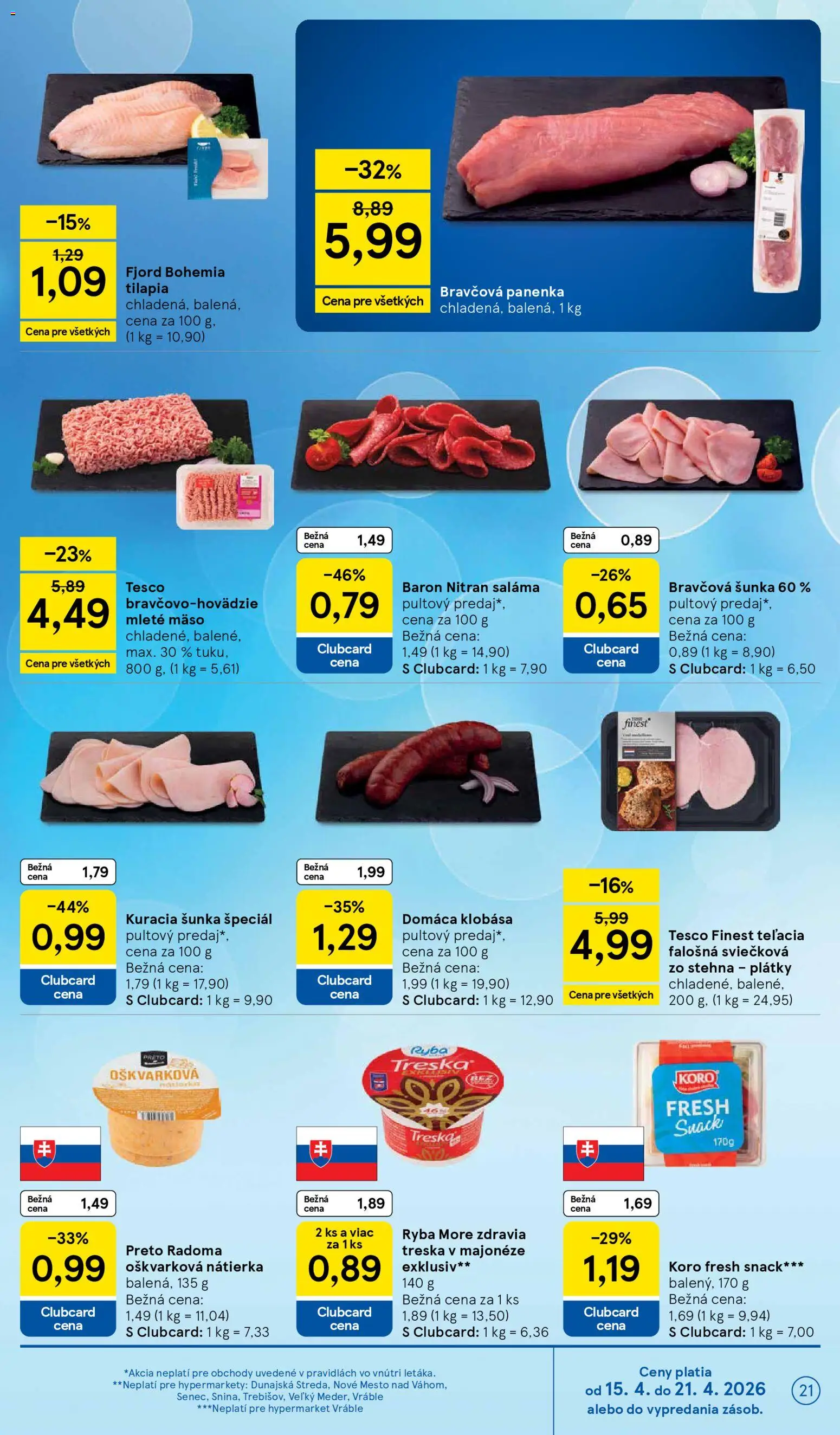 Nové Tesco akcie – leták je platný od 15.04.2026 | Strana: 21 | Produkty: Šunka, Klobása, Mleté mäso, Treska