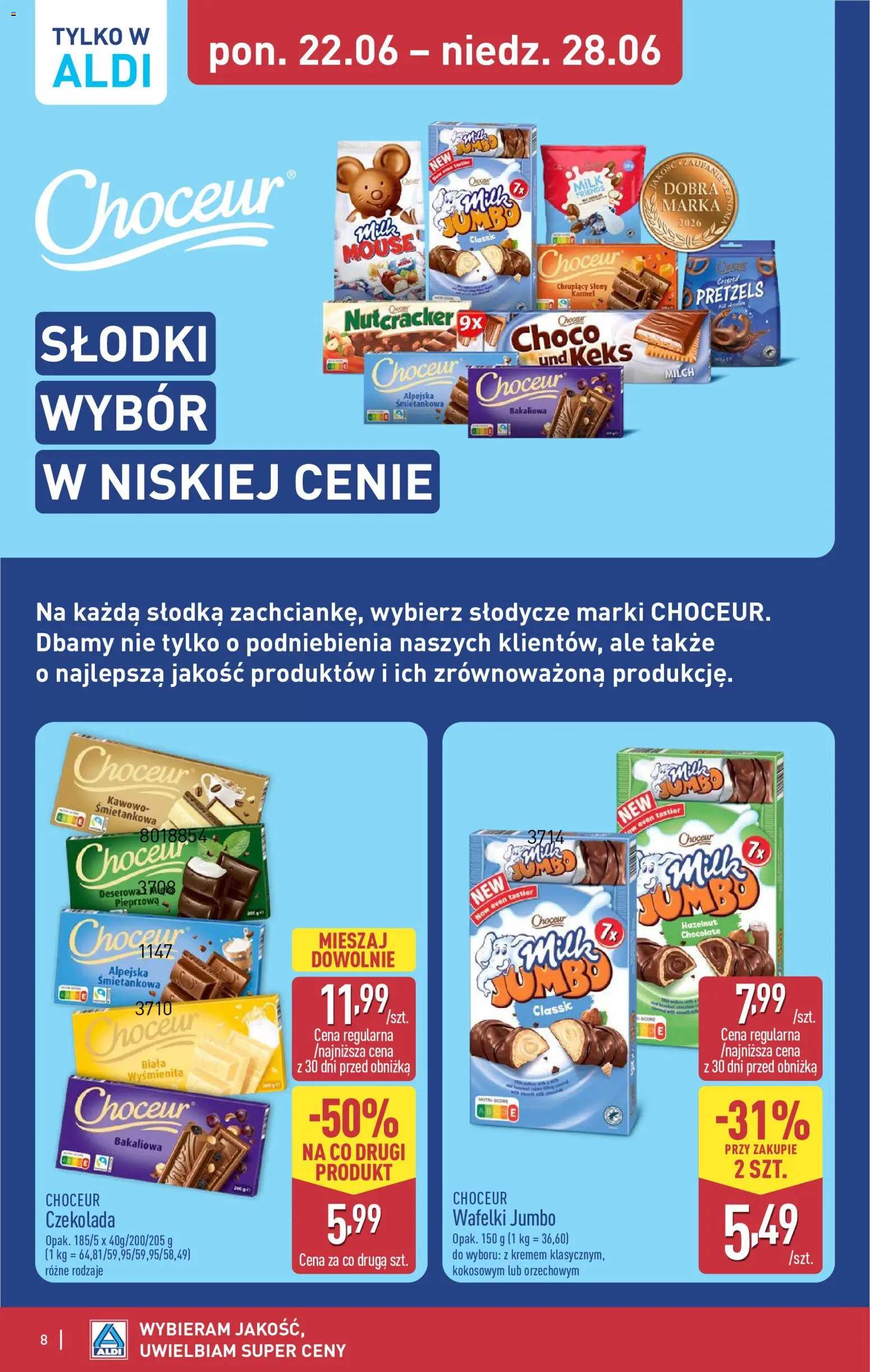 Aldi gazetka - Oferta weekendowa od 25.06.2026 | Strona: 8 | Produkty: Słodycze, Wafelki, Czekolada