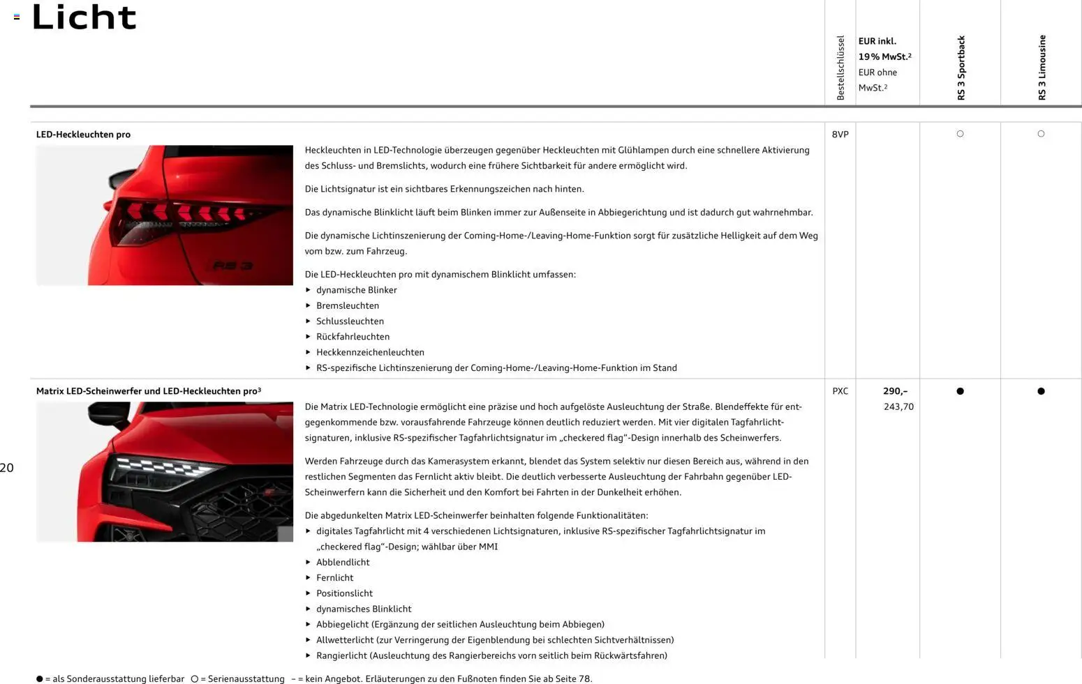 Audi RS 3 Sportback / RS 3 Limousine – gültig ab 28.10.2025 | Seite: 20